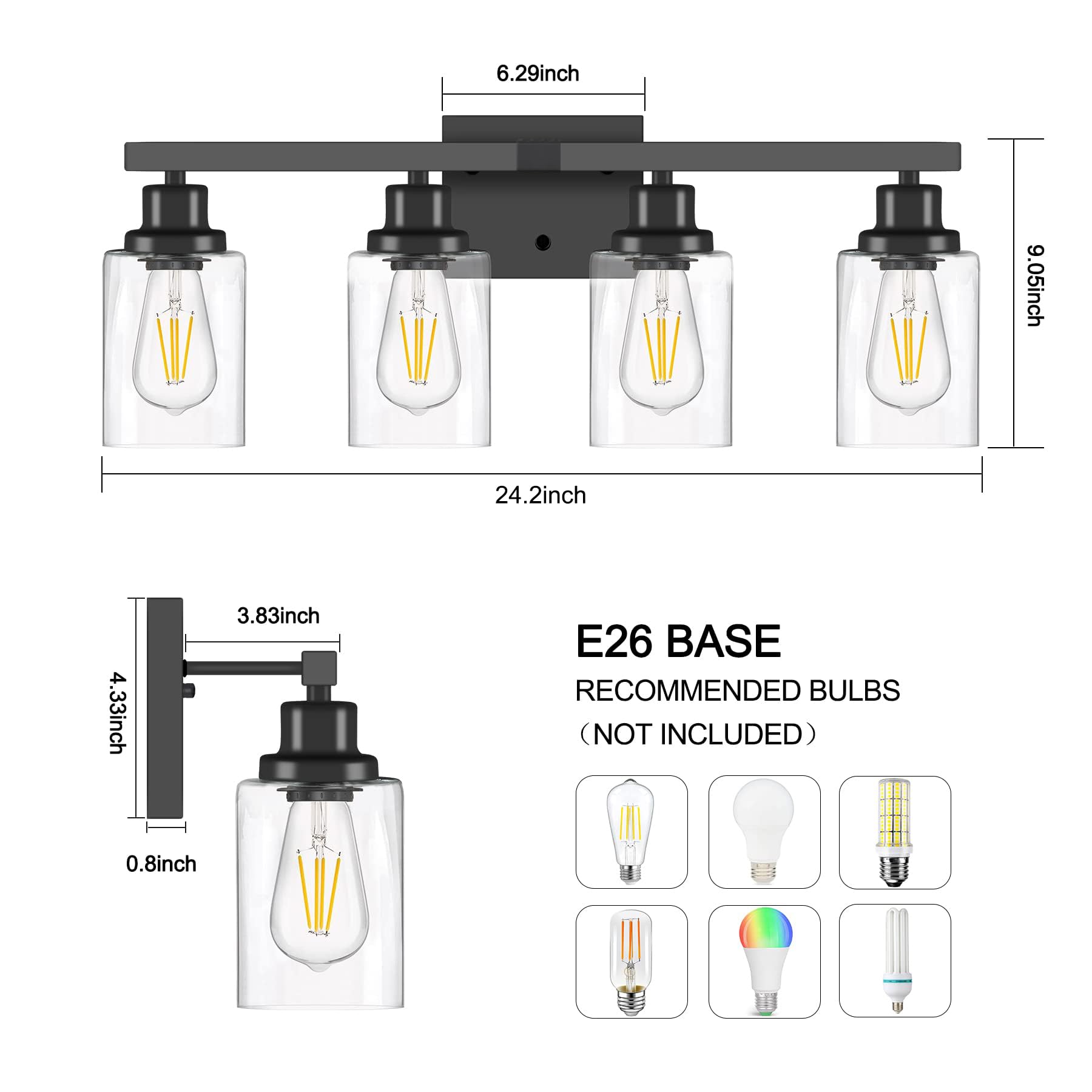 Dikaida Bathroom Vanity Light, 4-Light Modern Matte Black Wall Sconce Lighting With Clear Glass Shade, Black Wall Lights,Bath Vi