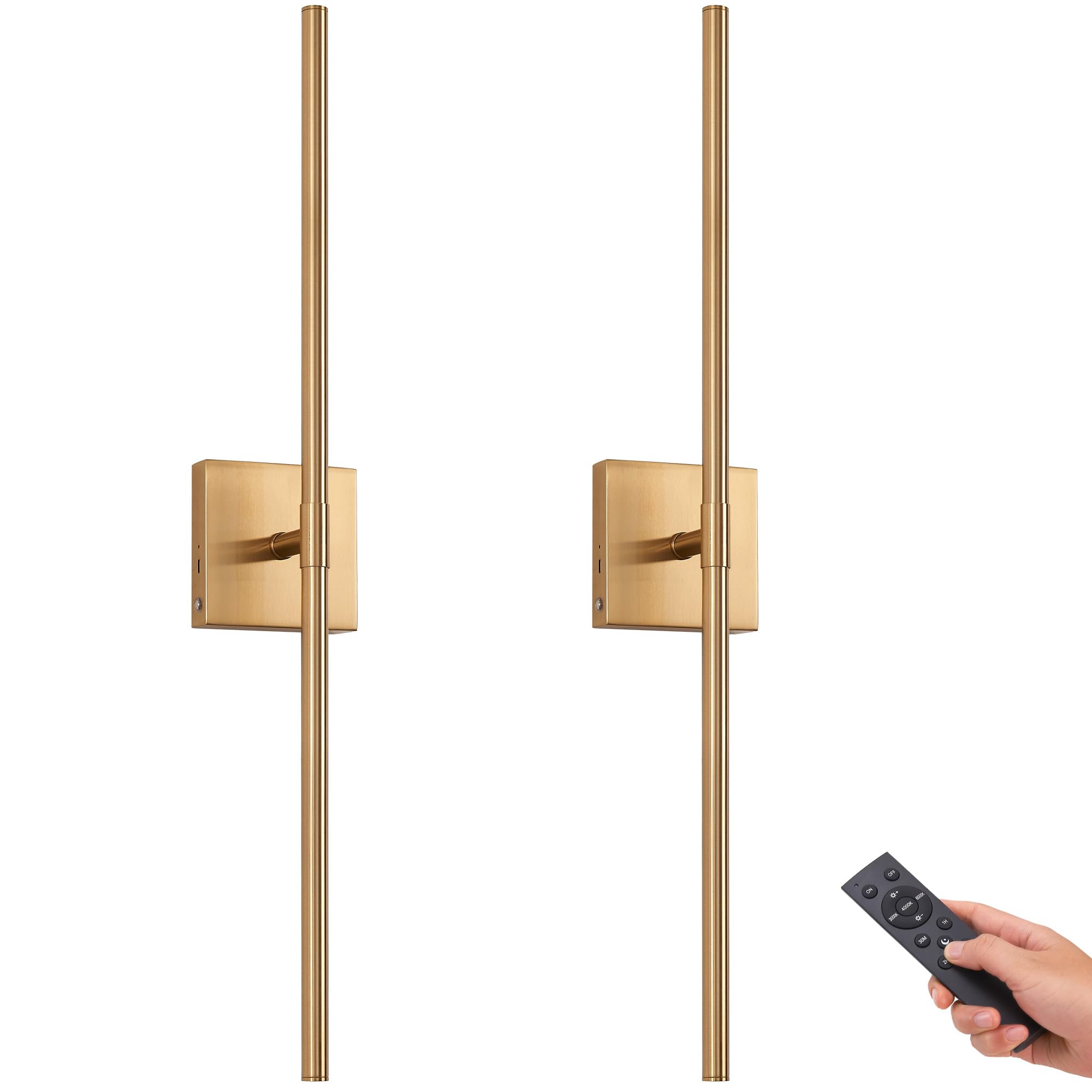 Battery Operated Gold Wall Sconces Set of 2, 30'' Wireless Rechargeable LED Wall Lamps with Remote Control, 3 Color Stepless Dim