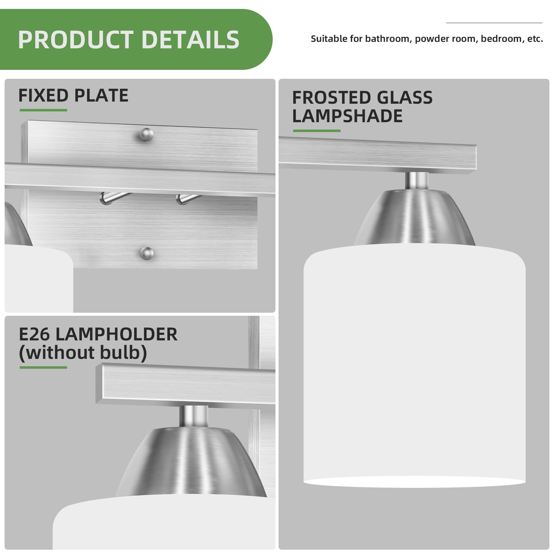 YICALE 2-Light Bathroom Vanity Lights, Brushed Nickel, Milky White Glass Shade, E26 Base, Model ZM-JQD-2L