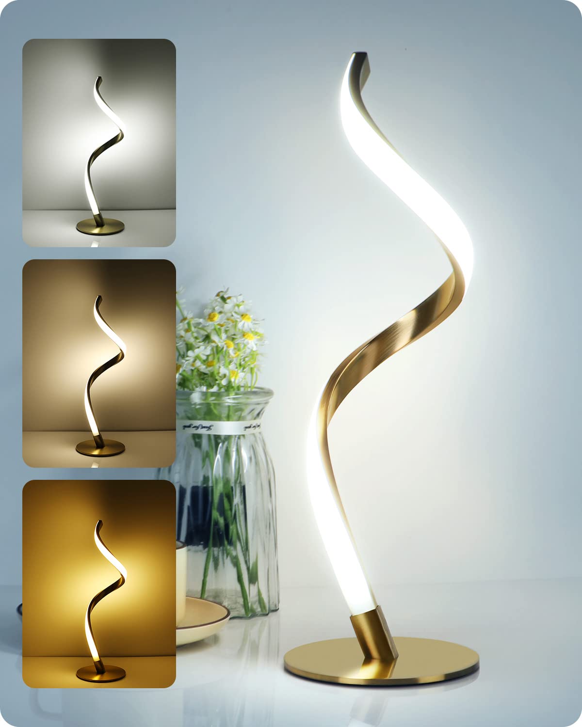 Yarra-Decor Modern Spiral Bedside Lamp - Touch Control LED, Stepless Dimmable, Compact, Gold, Model TD-010SPIRAL
