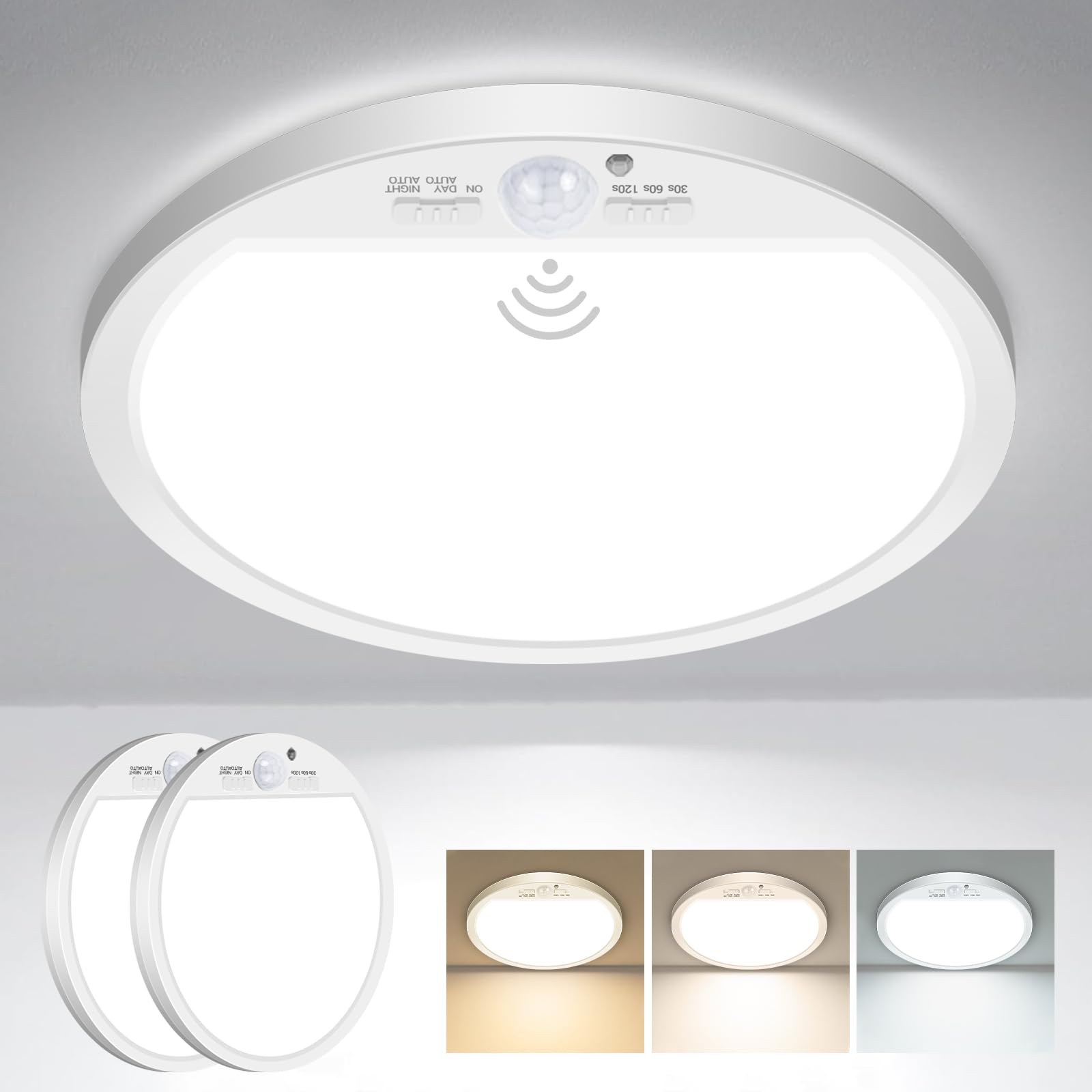 slochi 2Pack Motion Sensor Light Indoor Wired  12 Inch 3000K/4000K/6500K Closet Lights Motion Sensored  24W 2400LM Flush Mount Ceiling Light for Hallway Pantry Stairwell Porch  White