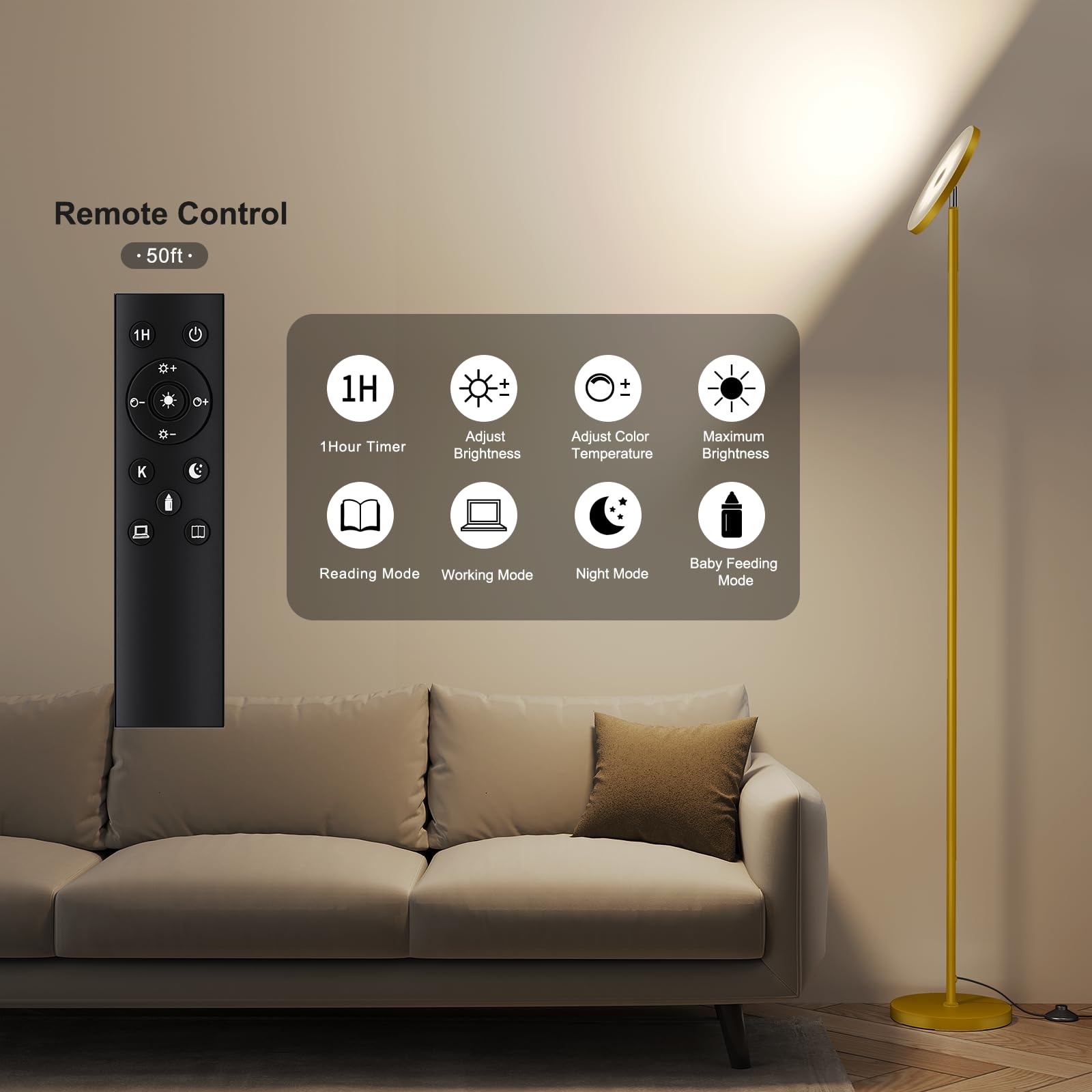 SUNMORY LED Floor Lamp, 32W Super Bright, Remote Control, 69in Tall, Gold, Model FLD-032-XR