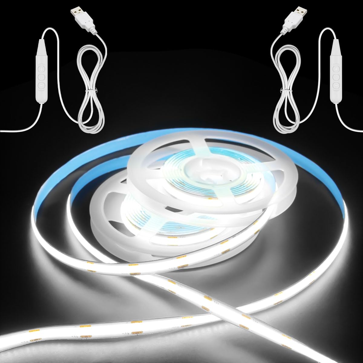 Aclorol 5V USB Powered Dimmable COB LED Band Light 3.28FT/1M 320LEDs Cold White LED Flexible Tape Lights with 1.5M Cable for Under Cabinet TV Backlight Bedroom Wardrobe Shelves Displays (2 Pack)