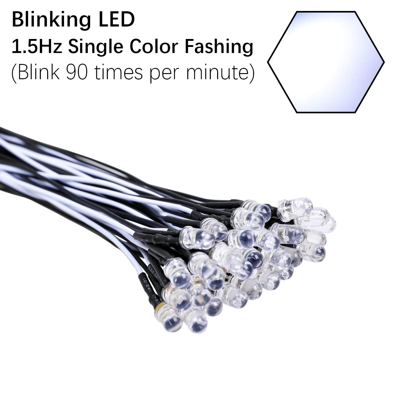 Edgelec 30Pcs 12 Volt 5Mm White Blinking Led Lights Emitting Diodes (1.5Hz Single Color Flashing) Pre Wired 7.9 Inch Dc 12V Led