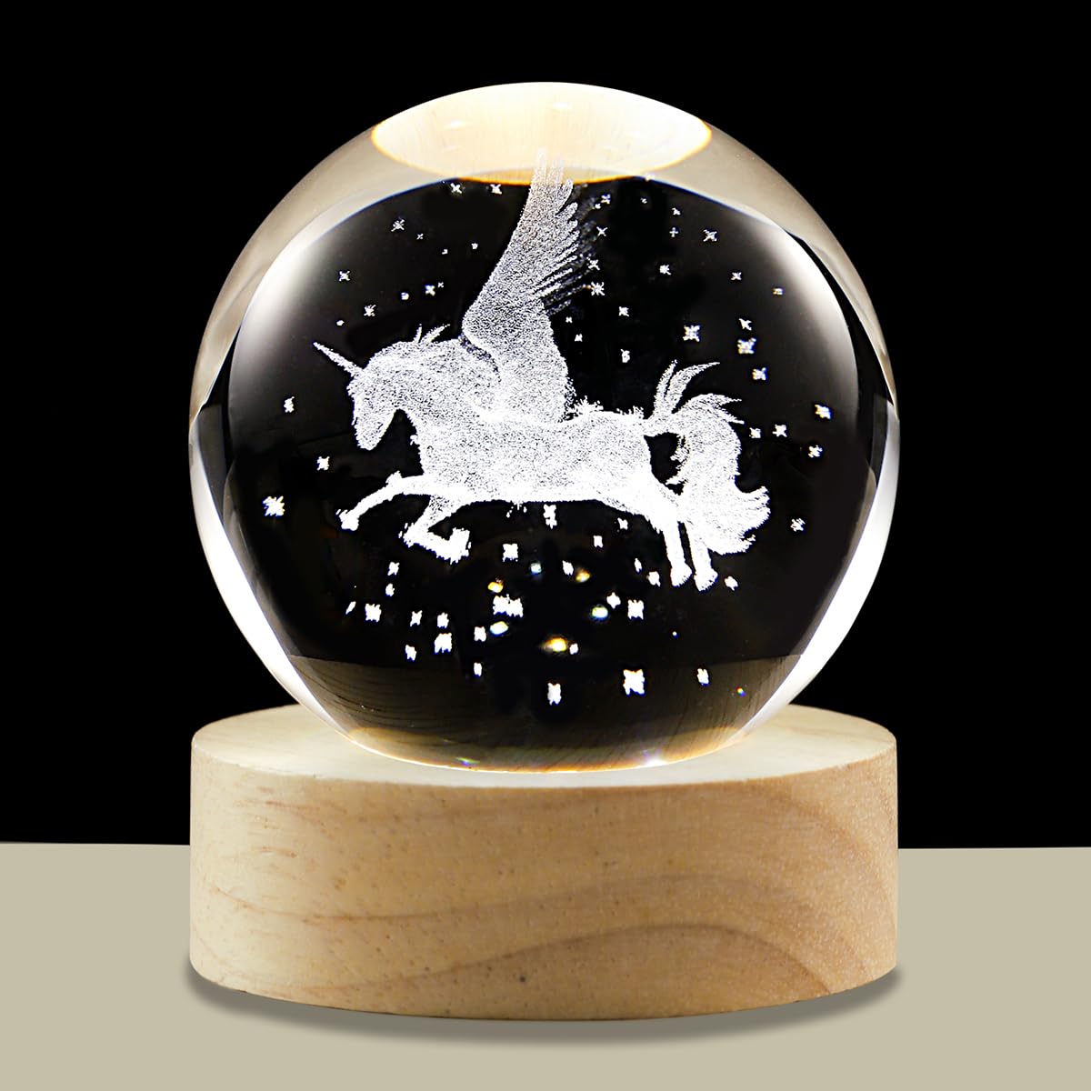 Hochance 3D Pegasus Crystal Ball Lamp With Adjustable Brightness Led Wooden Base Night Light For Kids Teens mature-themeds Birthday Gift Home Desk Office Bedroom Decor (6Cm / 2.4 )