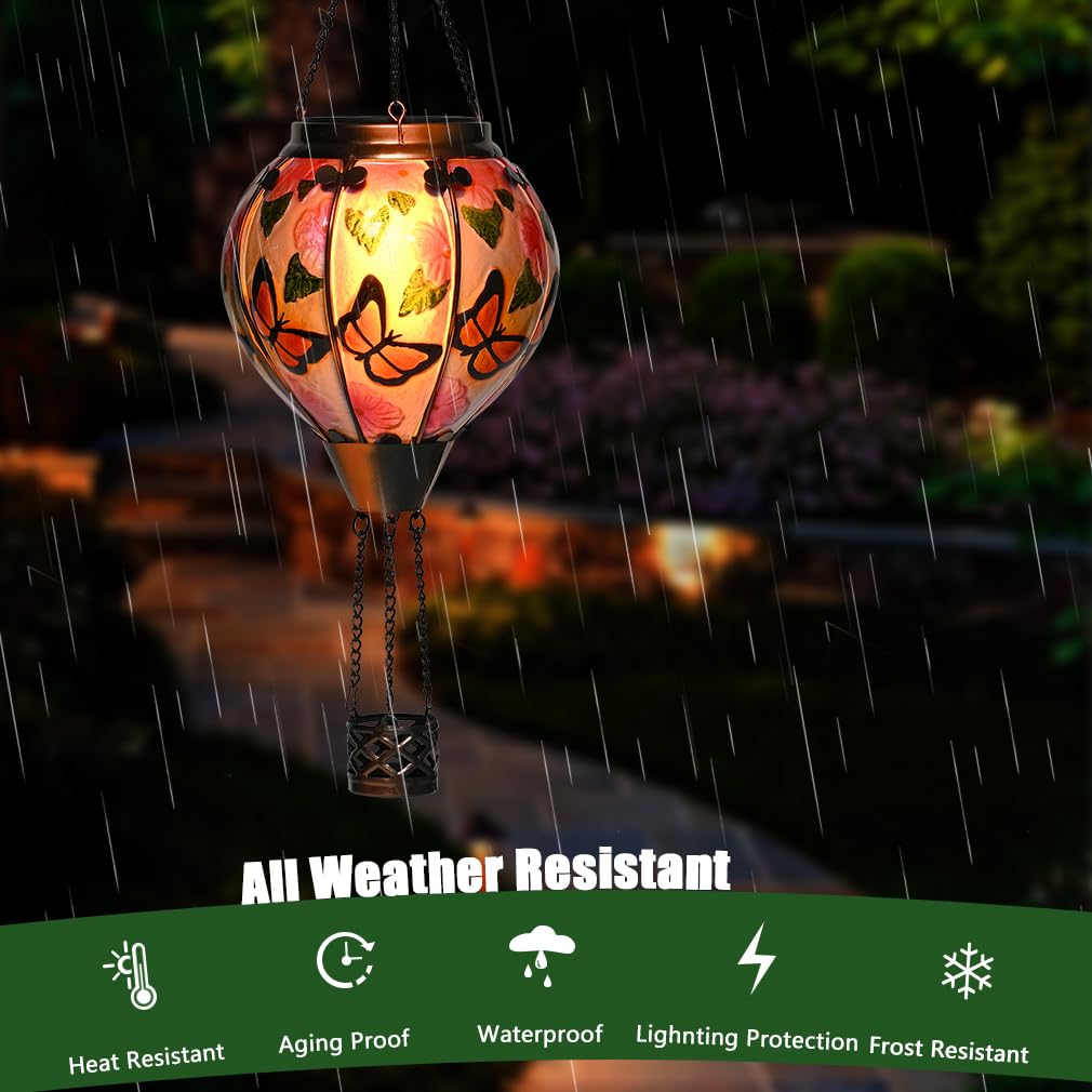 Hot Air Balloon Solar Lantern - Butterfly Stained Glass Lantern  Simulated Flickering & Dancing Flame  Outdoor Hanging Yard Light Waterproof Ip65 For Patio Lawn Porch Decor Gift