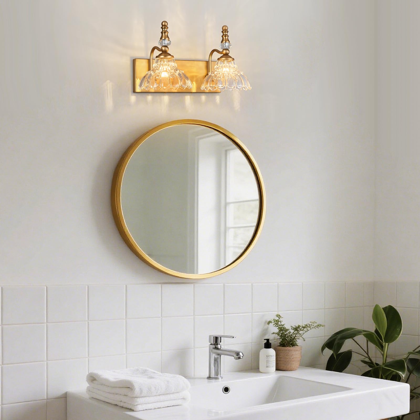 Lbsqj Vintage Bathroom Vanity Light  2-Light Brass Vanity Lighting Fixture With Flower Glass Shade  Bathroom Lighting Fixtures Over Mirror