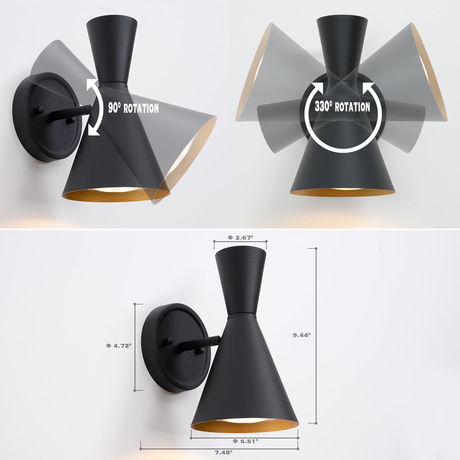 HEQIQEH Modern Wall Sconces Set of 2, RGB Remote Control, Dimmable Metal Lamps in Black, Model HQ-BWT27B2 for Galleries & Bedrooms