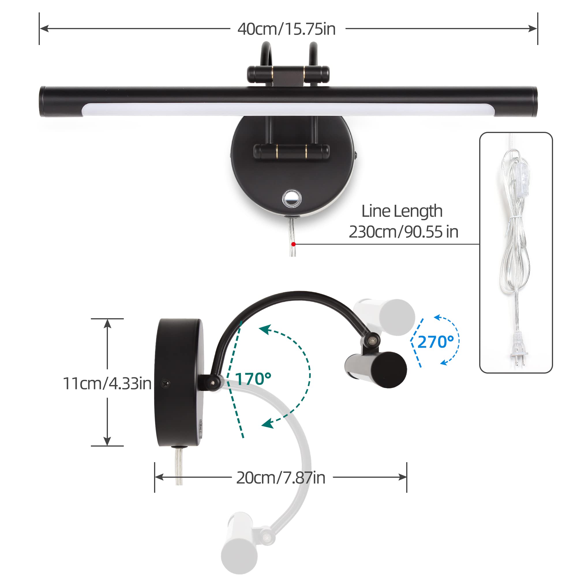 MantoLite LED Dimmable Bathroom Vanity Light Fixture, 16inch Metal Sconce, Black, Model WT-132A-BK-DM, Adjustable Arm, 3000K 8W