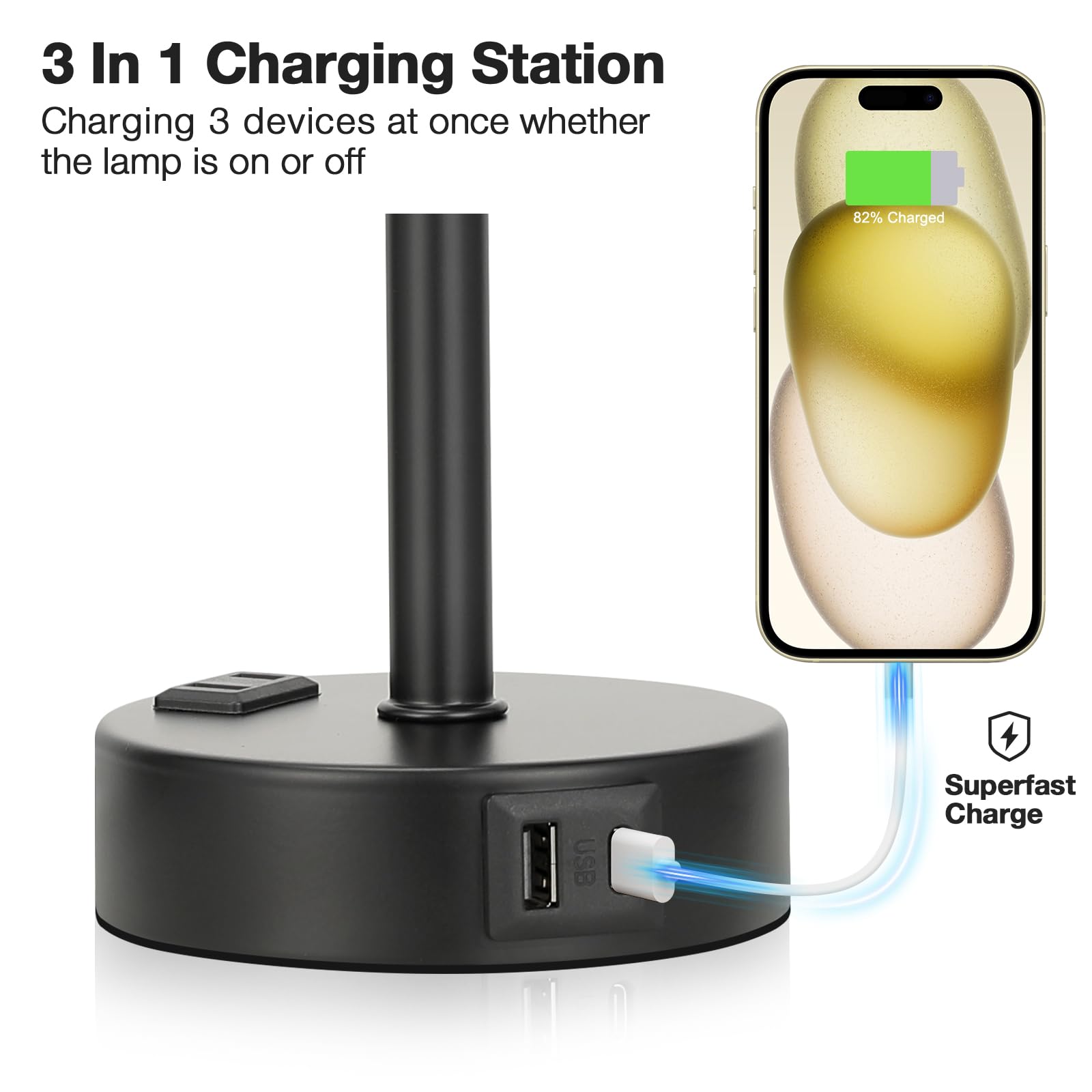 Fenmzee Grey Touch Bedside Lamp For Bedroom - 3 Way Dimmable Table Lamp Usb C Charging Ports And Ac Outlet, Small Desk Lamp For