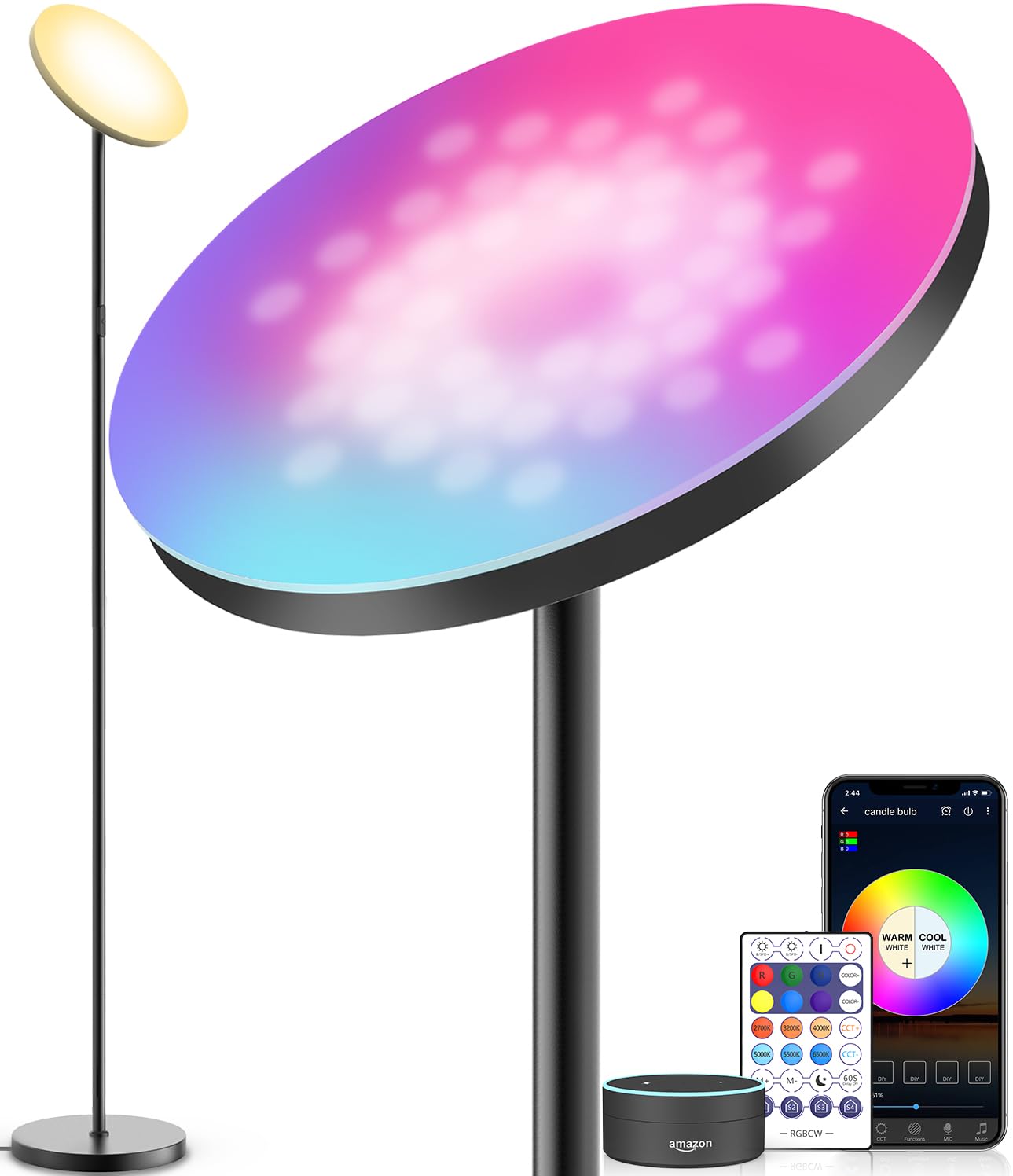 YHW Smart RGB Floor Lamp, 2000LM Color Changing & Dimmable, Modern Tall Standing Light, Black, Model ZJ-BWFL-RGBWW-CMKA3-US
