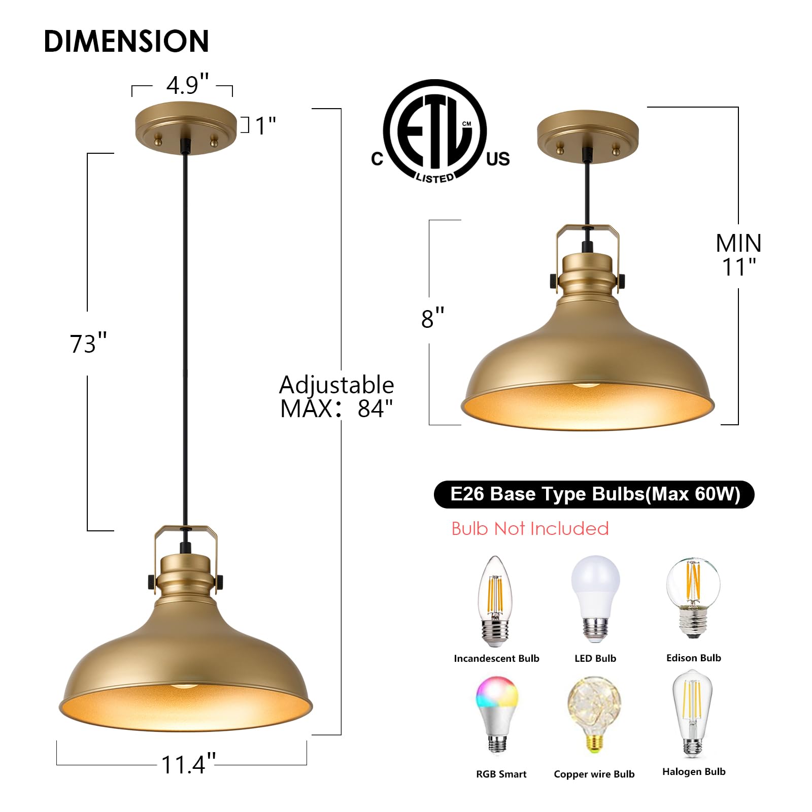Alaislyc Gold Farmhouse Pendant Lights Matte Pendant Lighting For Kitchen Island Industrial Adjustable Height Vintage Dome Hangi