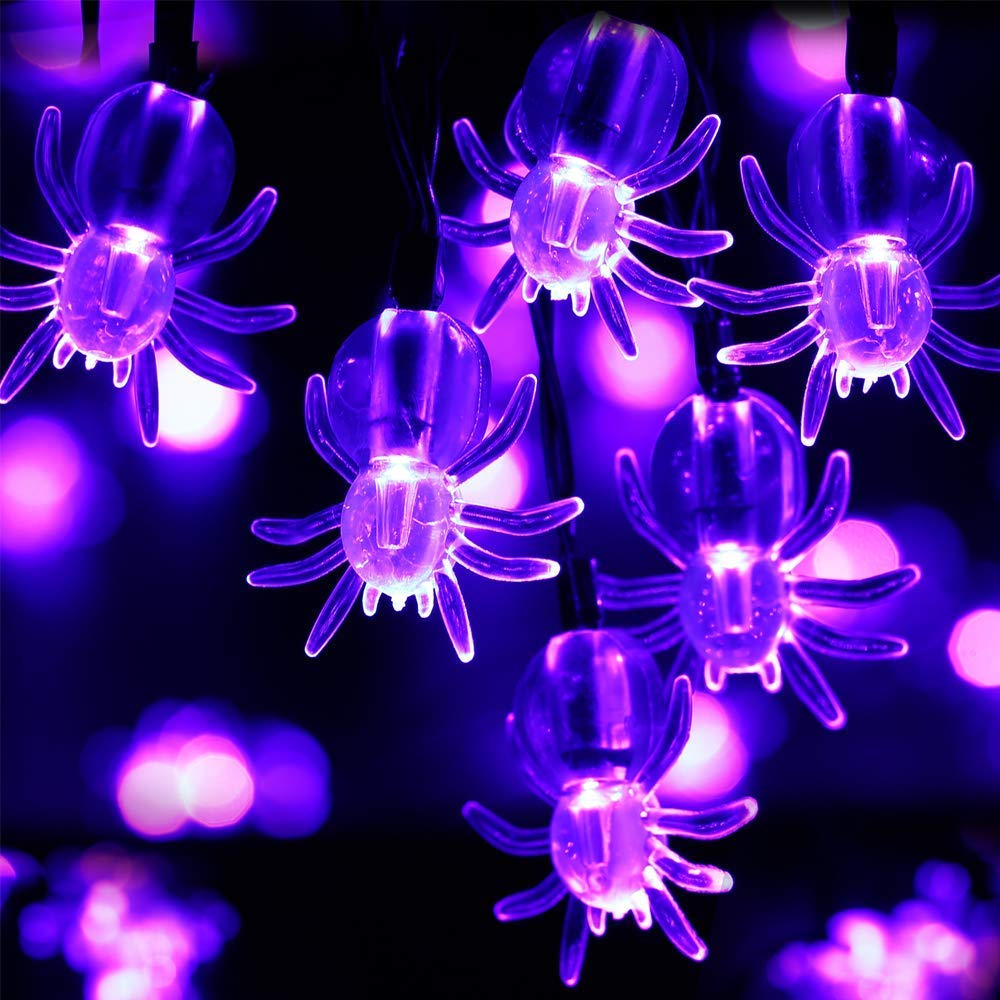 RECESKY 2 Pack Purple Spider String Lights, 80 LED, 28Ft, Battery Operated, Halloween Decor, Model HALLOSPD-P
