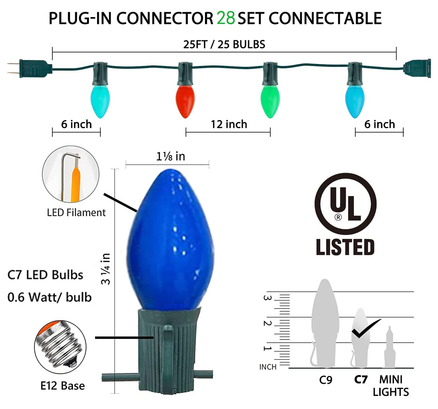 Couah C7 LED String Lights, 25Ft Multicolor Ceramic Bulbs, Outdoor Decor for Christmas Party & Wedding, Green Wire