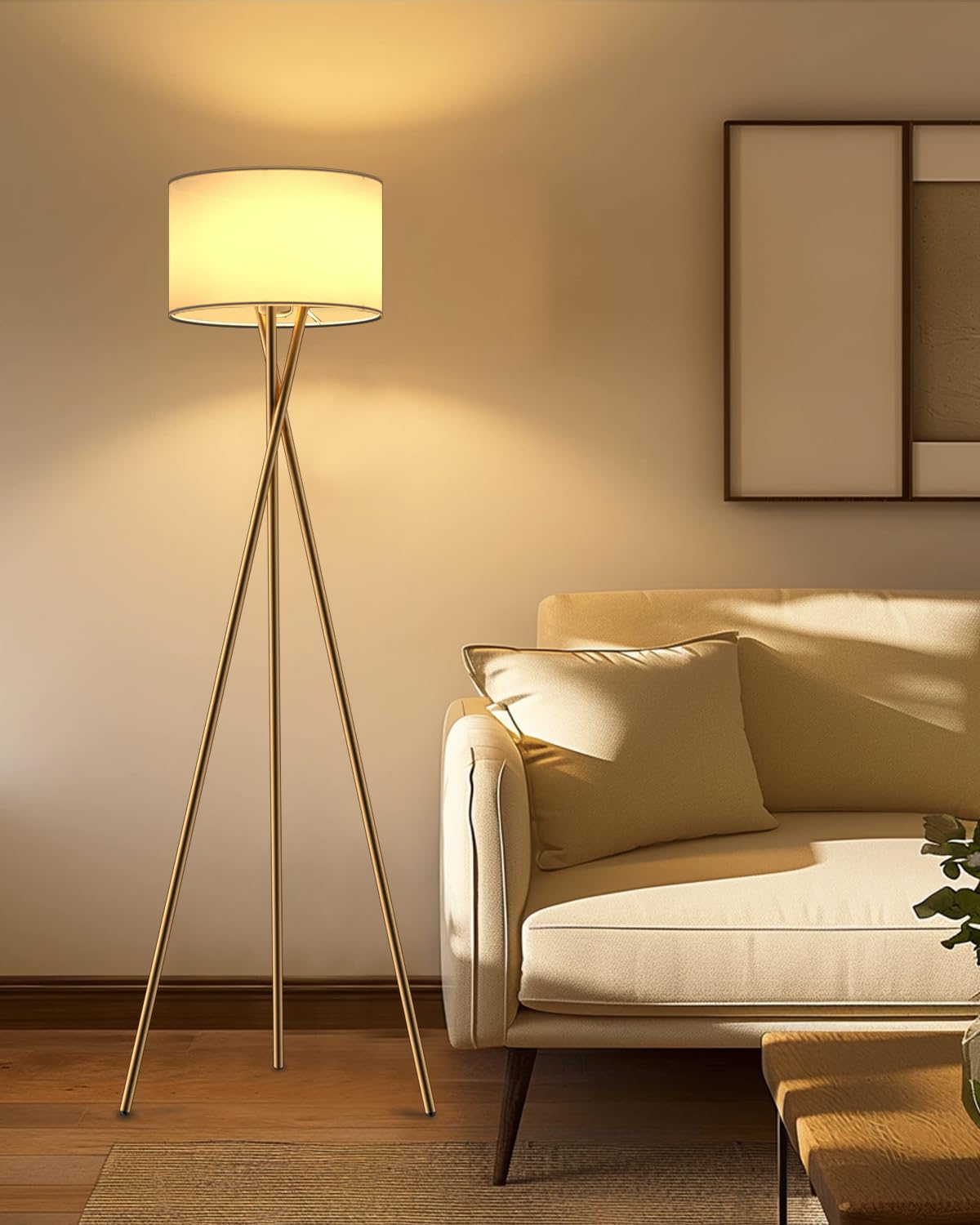 Lightdot Gold Tripod Floor Lamp, Modern Standing Lamp with Linen Shade, E26 Bulb Included, 66in Tall, Model YRFLL-E26XX-66