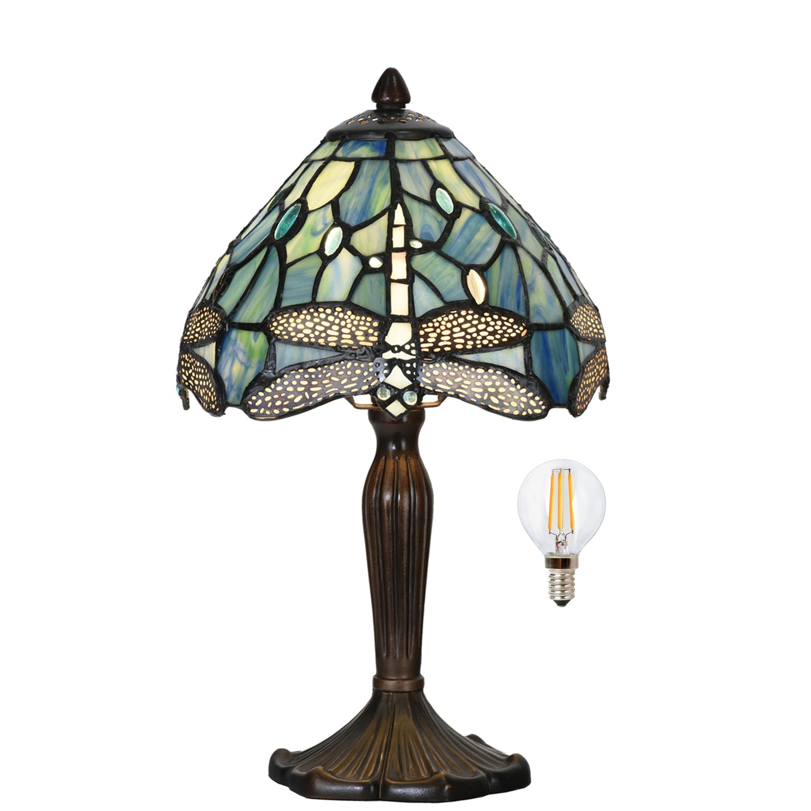 HomeBeauty TL0008 Tiffany Lamp Sea Blue Stained Glass Dragonfly Style Desk Reading Light for Small Space Bedside Bedroom Home Office 8 D x 14.25 H  LED Bulb Included