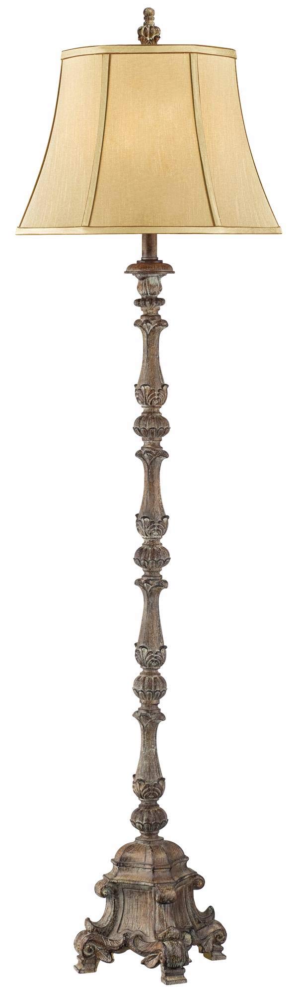 Regency Hill Rustic French Country Traditional Style Floor Lamp Standing 62'' Tall Faux Wood Antique Candlestick Beige Silk Fabr