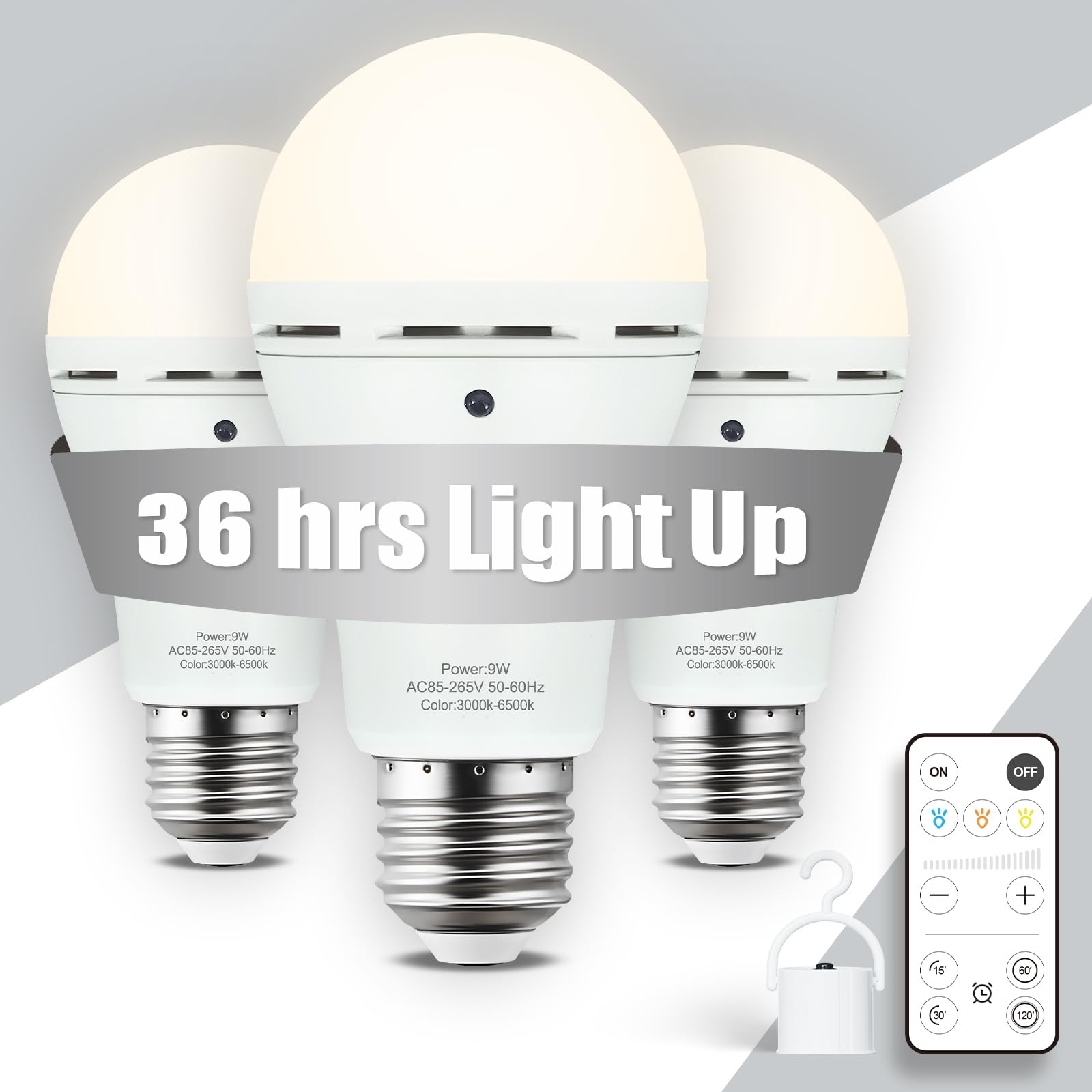 Aluocyi 3 Pack Rechargeable Light Bulbs With Remote Control, Battery Powered Emergency Led Light Bulb 3 Color Shift Dimmable 120