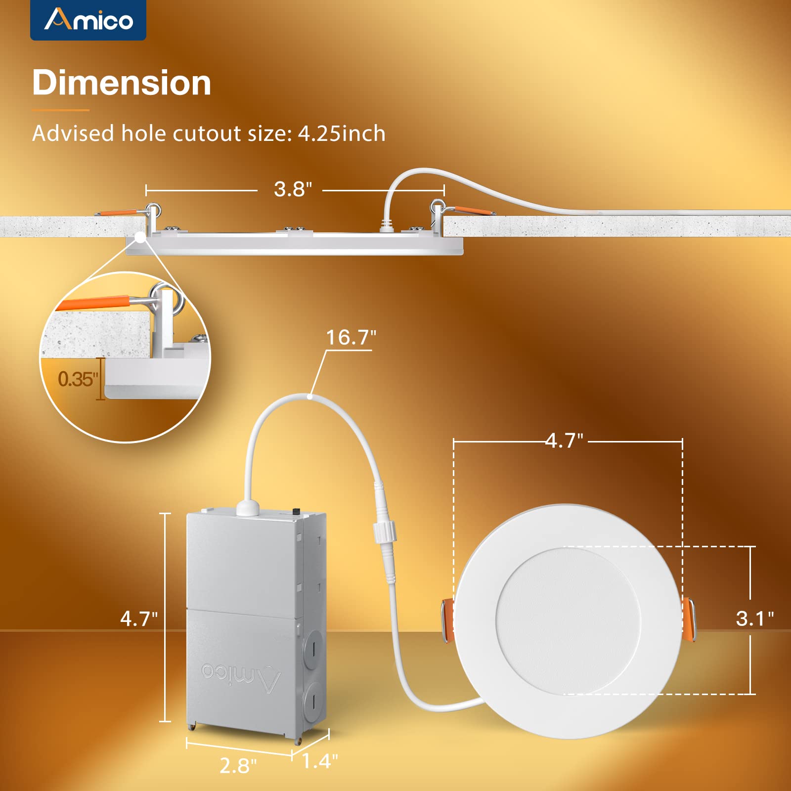 Amico 12 Pack 4 Inch 5Cct Led Recessed Ceiling Light With Night Light, 2700K/3000K/3500K/4000K/5000K Selectable Ultra-Thin Reces