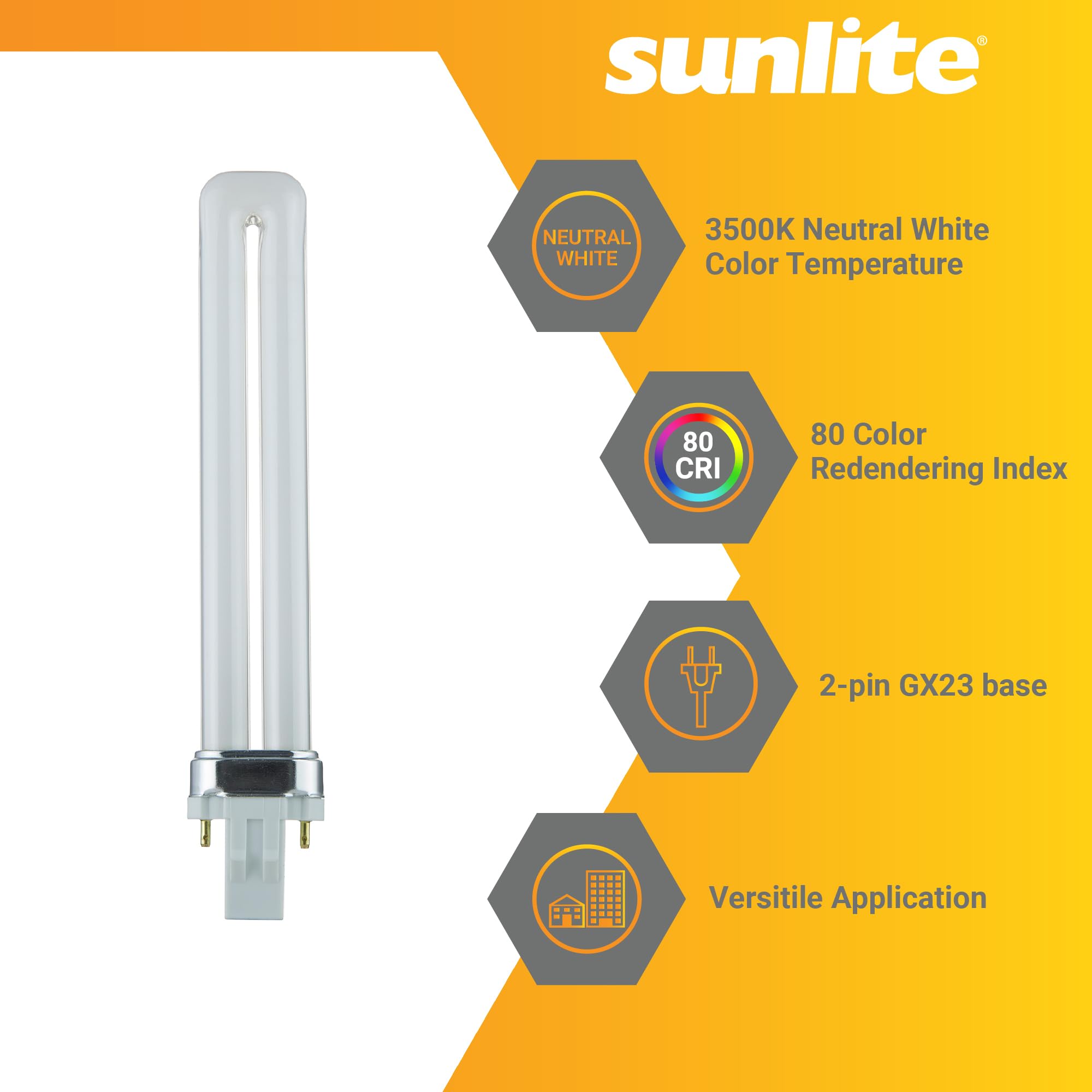 Sunlite PL13/SP35K Compact Fluorescent Single U-Shaped Twin Tube Light Bulb, 13 Watts, 120 Volts, 720 Lumens, 2-Pin GX23 Base, 3