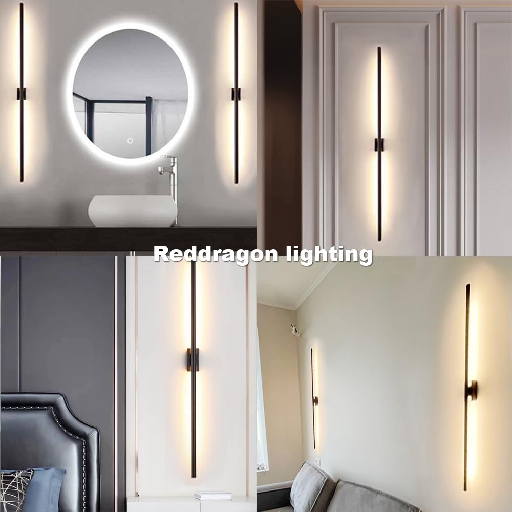 Reddragon Lighting 48" Dimmable Black LED Wall Sconce - Set of 2 Minimalist Iron Vanity Light for Living Room, Corridor, Bathroom, Bedroom