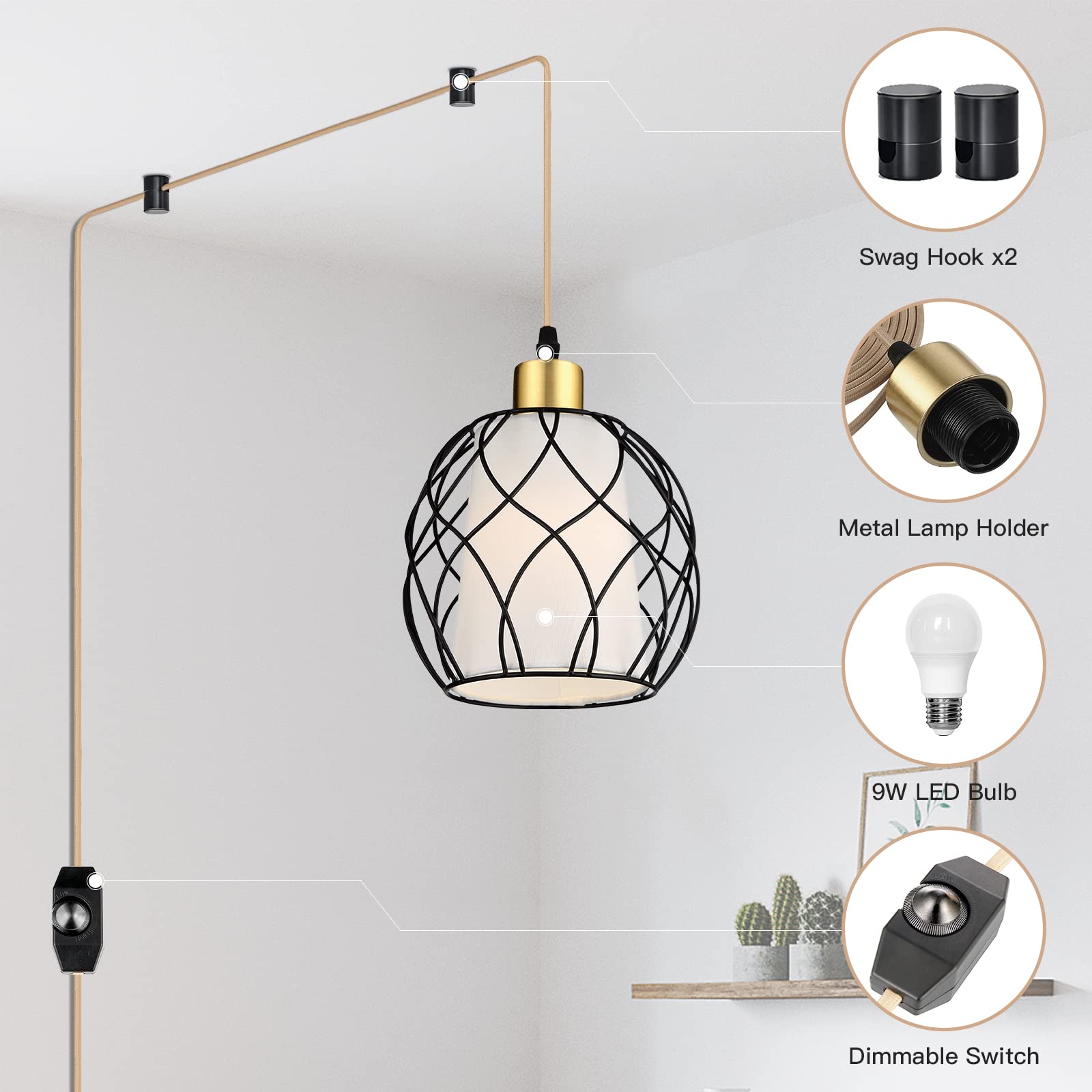 Ruzectt Plug In Pendant Light,Hanging Light With Plug In Cord,Black Hanging Lamp With Dimmable Switch,15 Ft Golden Cotton Cord,Hanging Light Fixture For Kitchen Living Room Bedroom (Bulb Included)