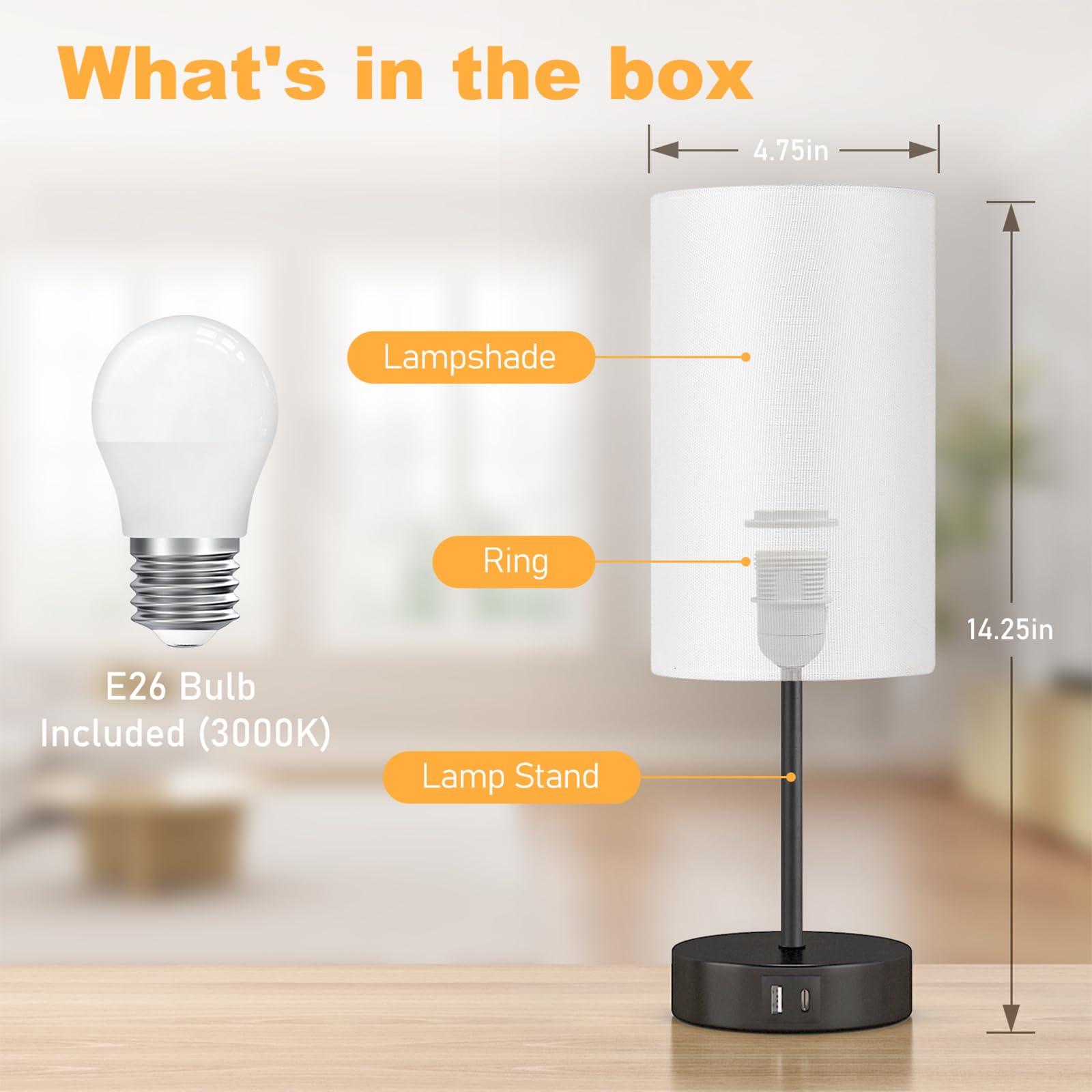 AKASUKI Table Lamp, 3 Way Dimmable Touch, 14.25 in, Metal, White Shade-Black Base, Model XTD-Y, LED Bulb Included