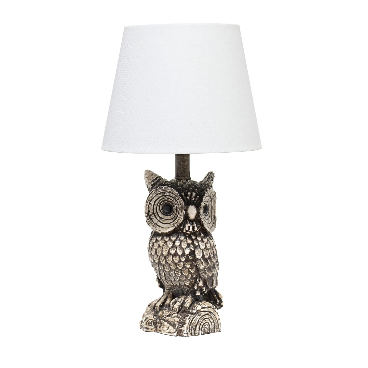 Simple Designs Lt2098-Wht Woodland 19.85&quot; Tall Contemporary Polyresin Gazing Brown & White Night Owl Bedside Table Desk Lamp W White Tapered Drum Shade For Decor,Bedroom,Kids' Room,Nursery,Livingroom