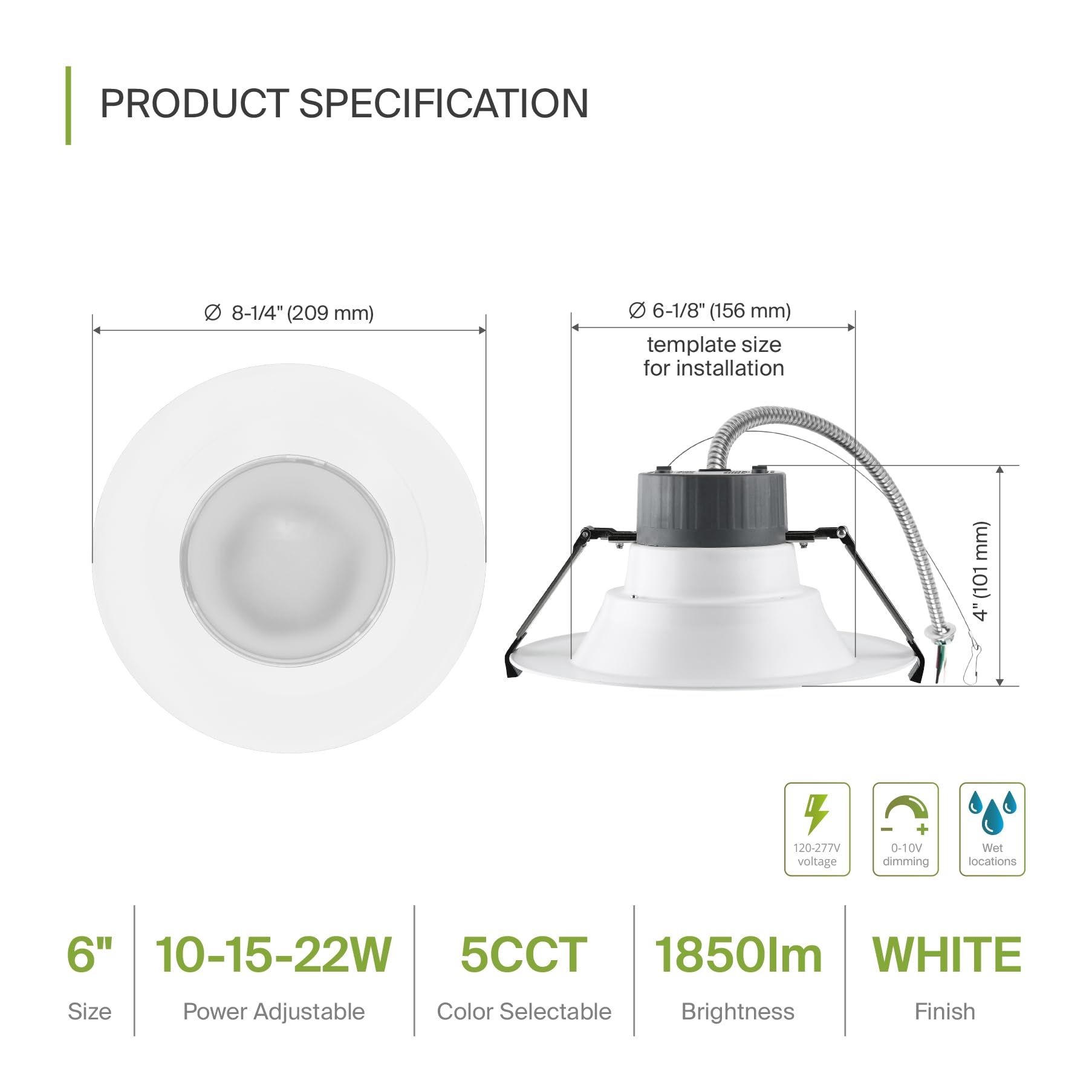 ASD 6 Inch Canless LED Downlight, Dimmable, 10/15/22W, 5 Color Temps, Aluminum, 8 Pack, White, Model A-CDL7