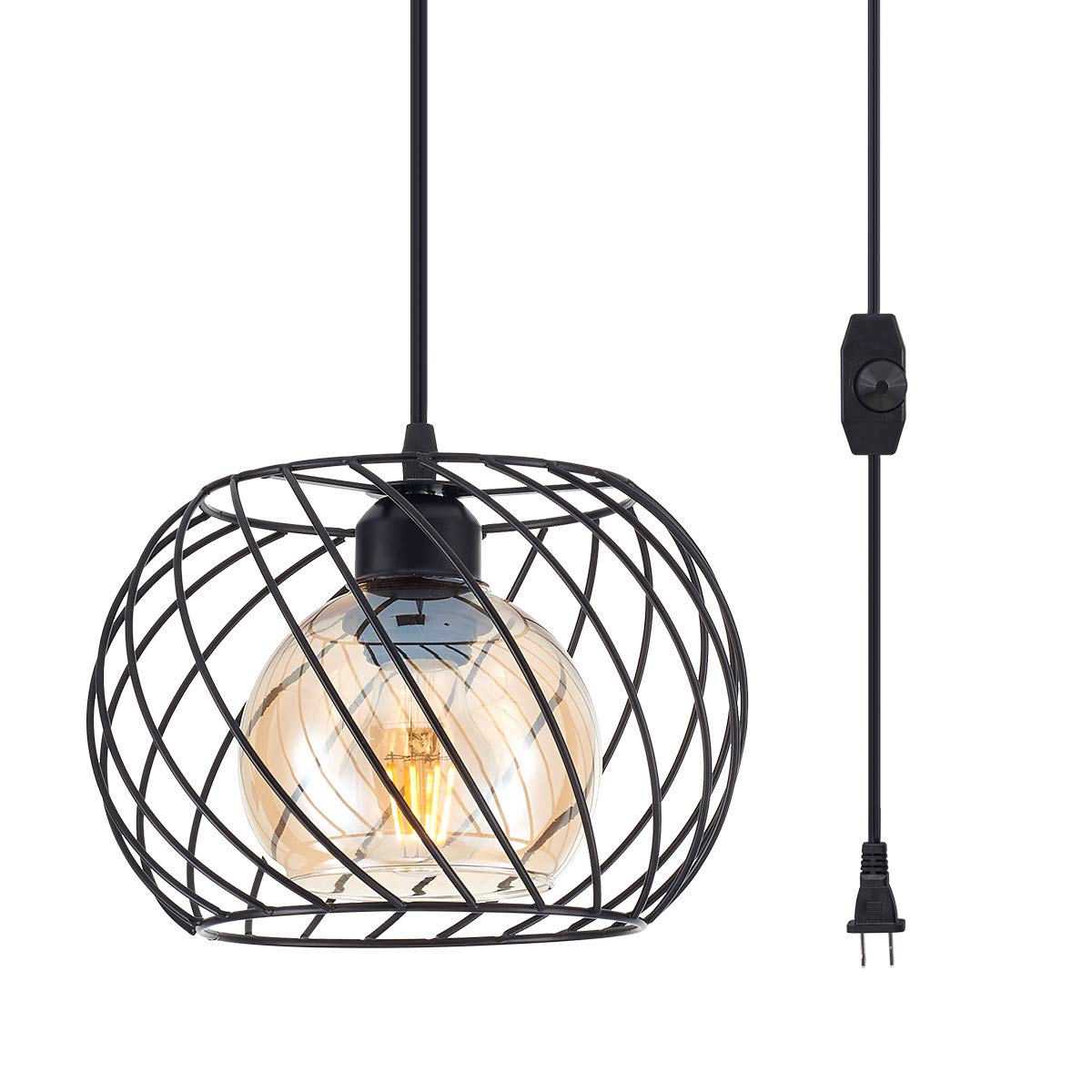 Ylong-Zs Dimmer Plug-In Pendant Light, Amber Glass Shade, Black Finish For Kitchen & Hallway