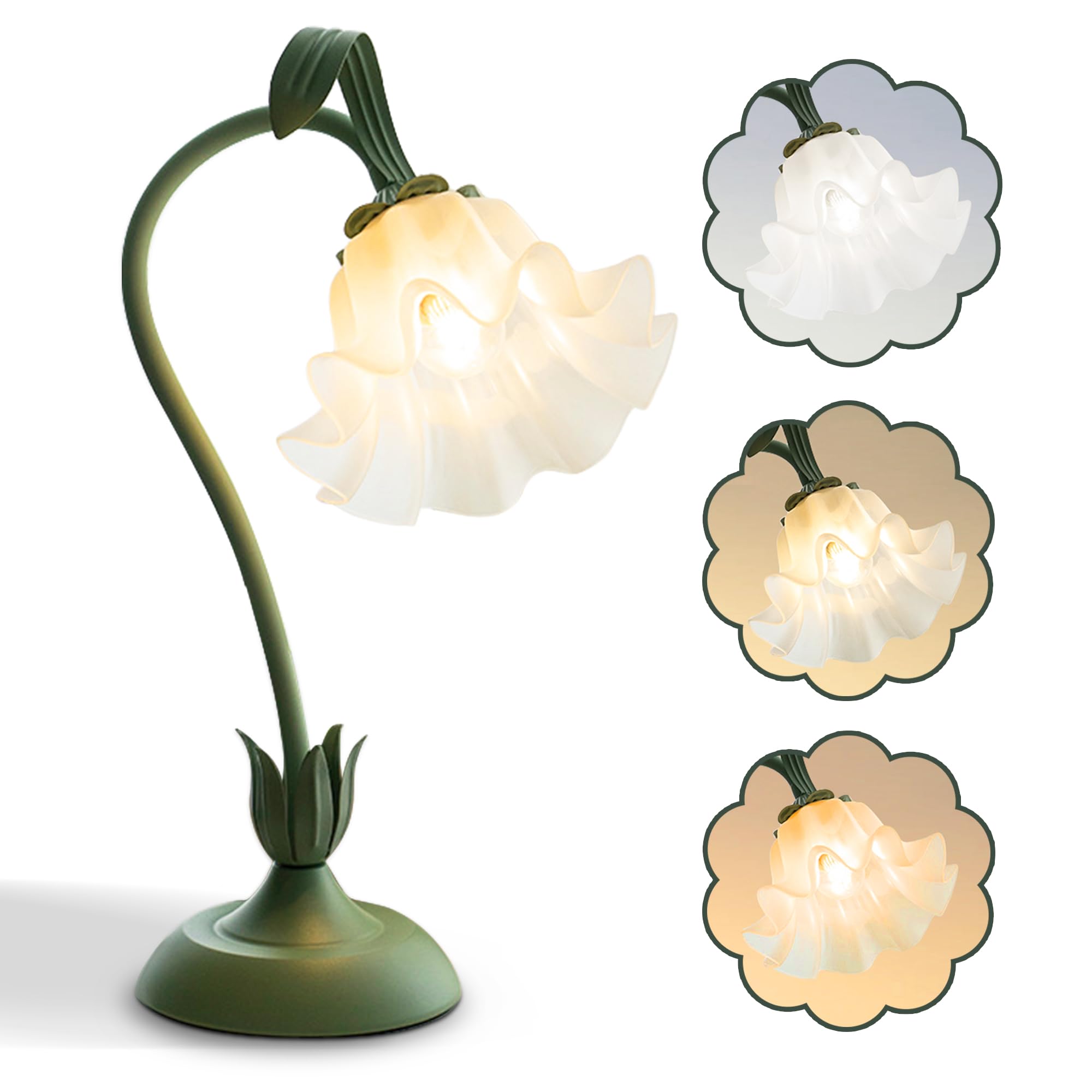 AQDZCNF Flower Table Lamp, LED Bedside Light, 3 Color Modes, Vintage Design, Green