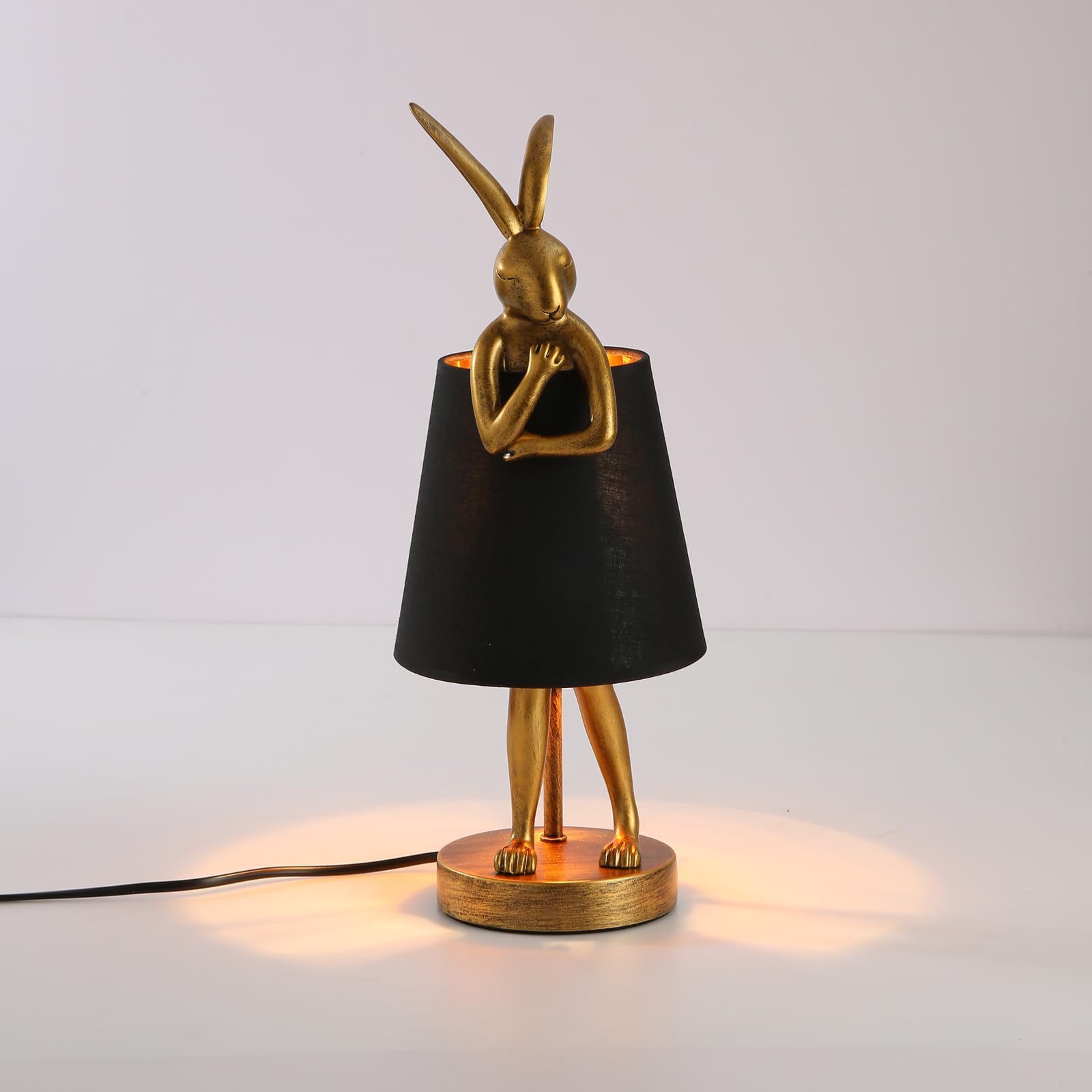 Nordiem Cute Rabbit Animal Table Lamp, Creative Gold Resin Apron Led Desk Light,White/Black Linen Shade,15.7'', Home Decor Eye P
