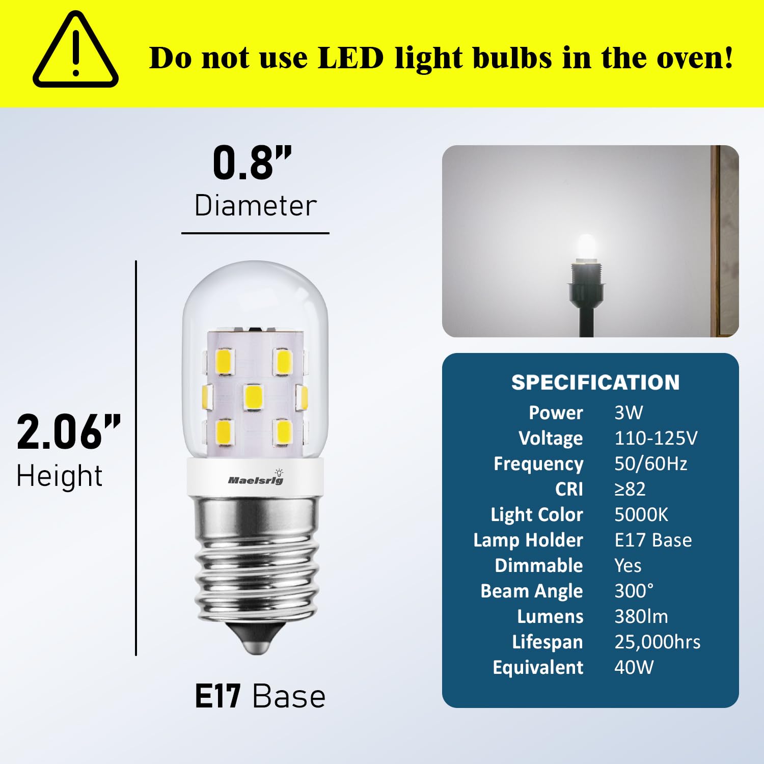 Maelsrlg Microwave Light Bulbs Under Hood 40W Equivalent, E17 Led Bulb Dimmable For Range Hood, 3W 380 Lumens, Led Appliance Lig