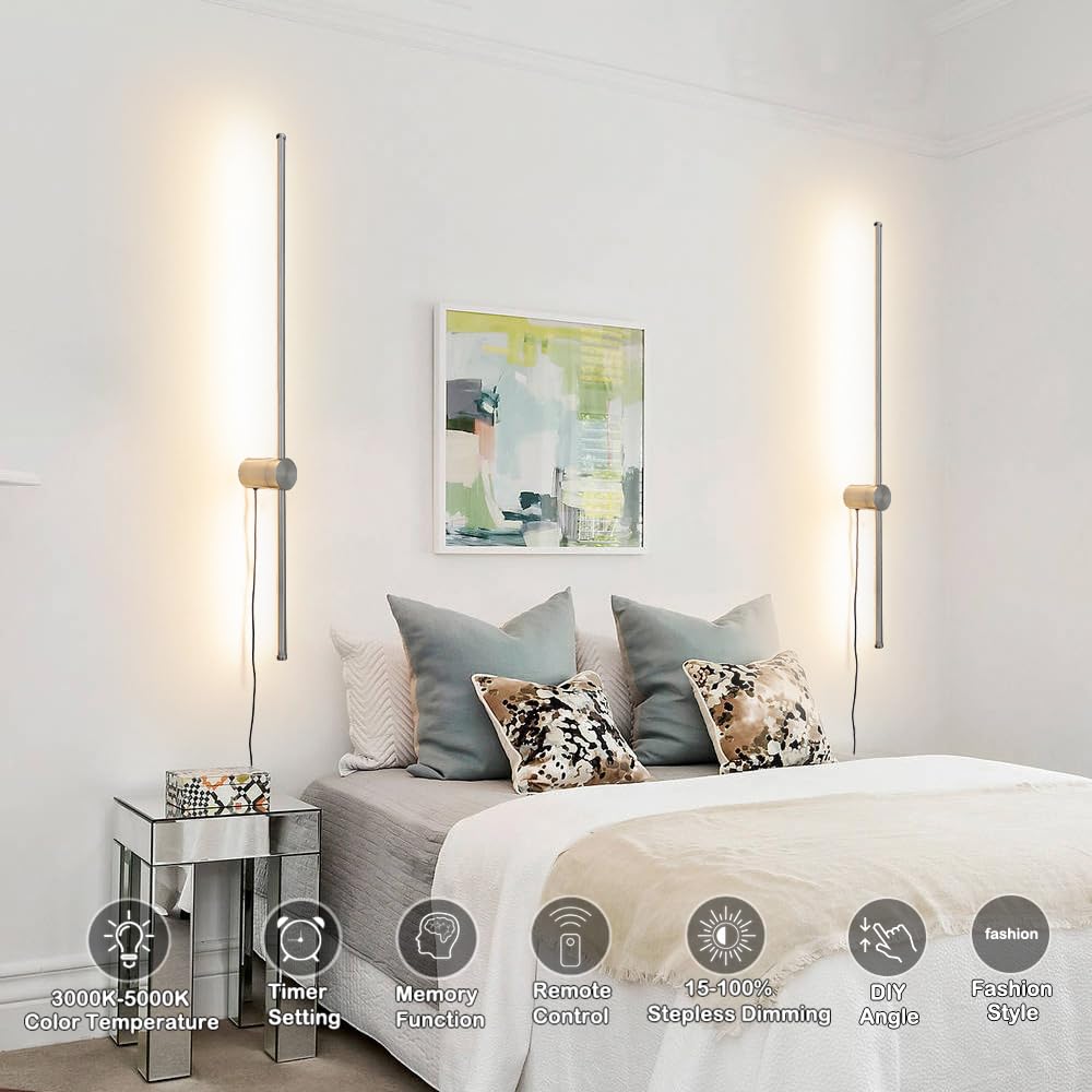 Ditoon Brush Nickel Plug In Wall Sconces Set Of Two, Modern Led Wall Lamp With Remote Control, 3 Cct 3000K-5000K Dimmable, Plug