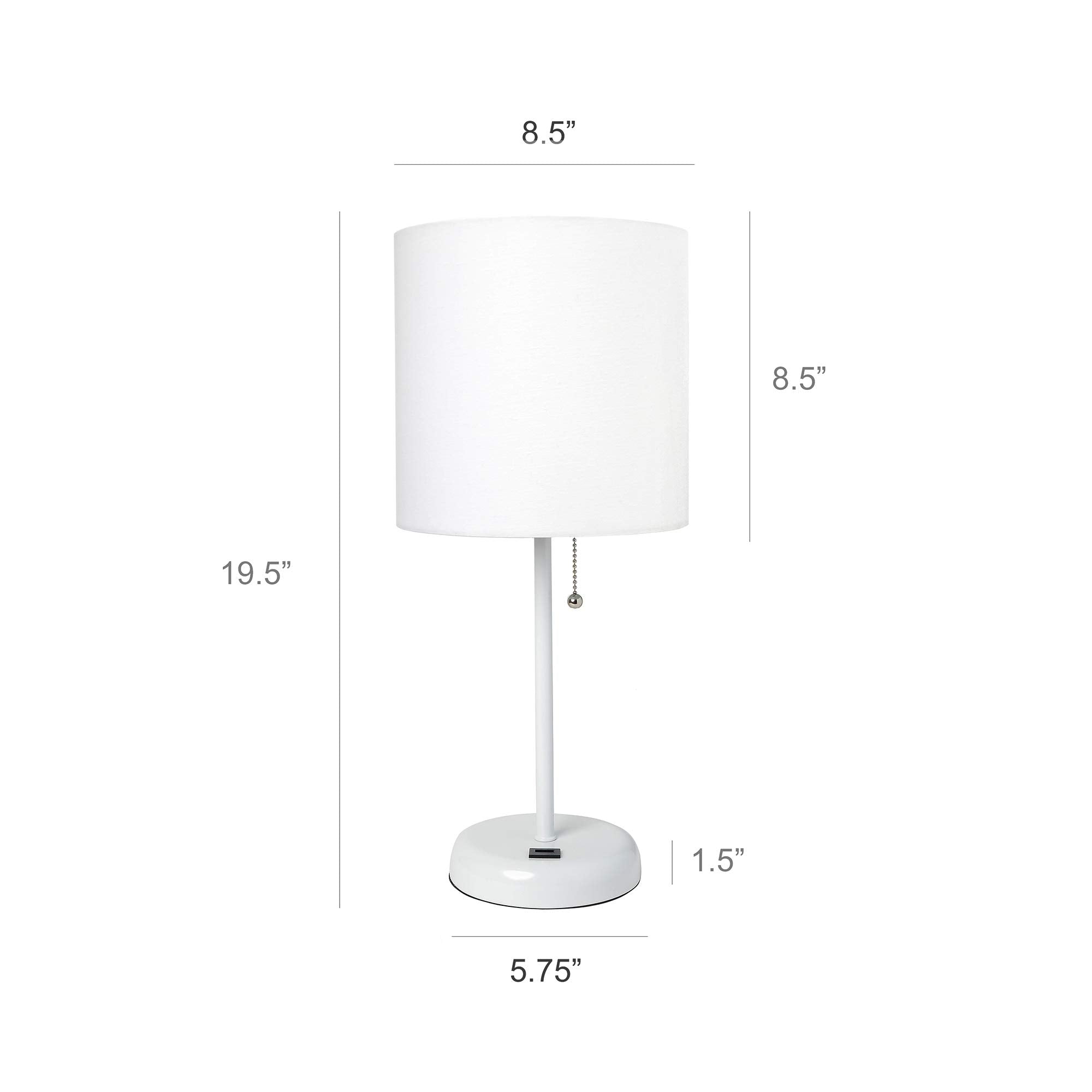 Simple Designs Lt2044-Wow White Stick Table Desk Lamp With Usb Charging Port And Drum Fabric Shade, White Shade