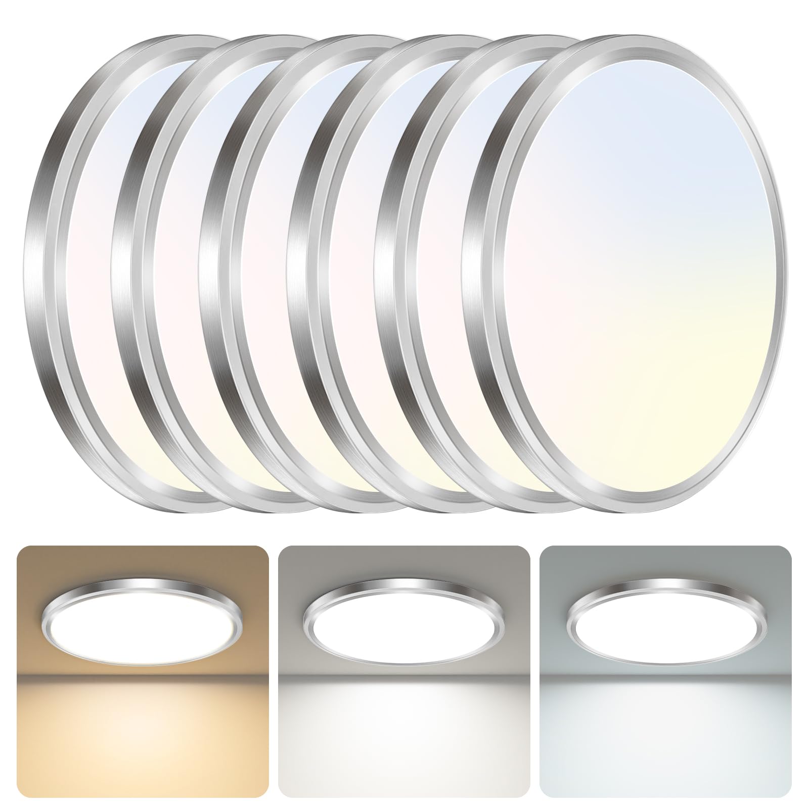 Libtit 6Pack Led Ceiling Light 13Inch, 24W 2400Lm Bright Light Fixture Brushed Nickel, Adjustable 3000K/4500K/6000K, Modern Slim