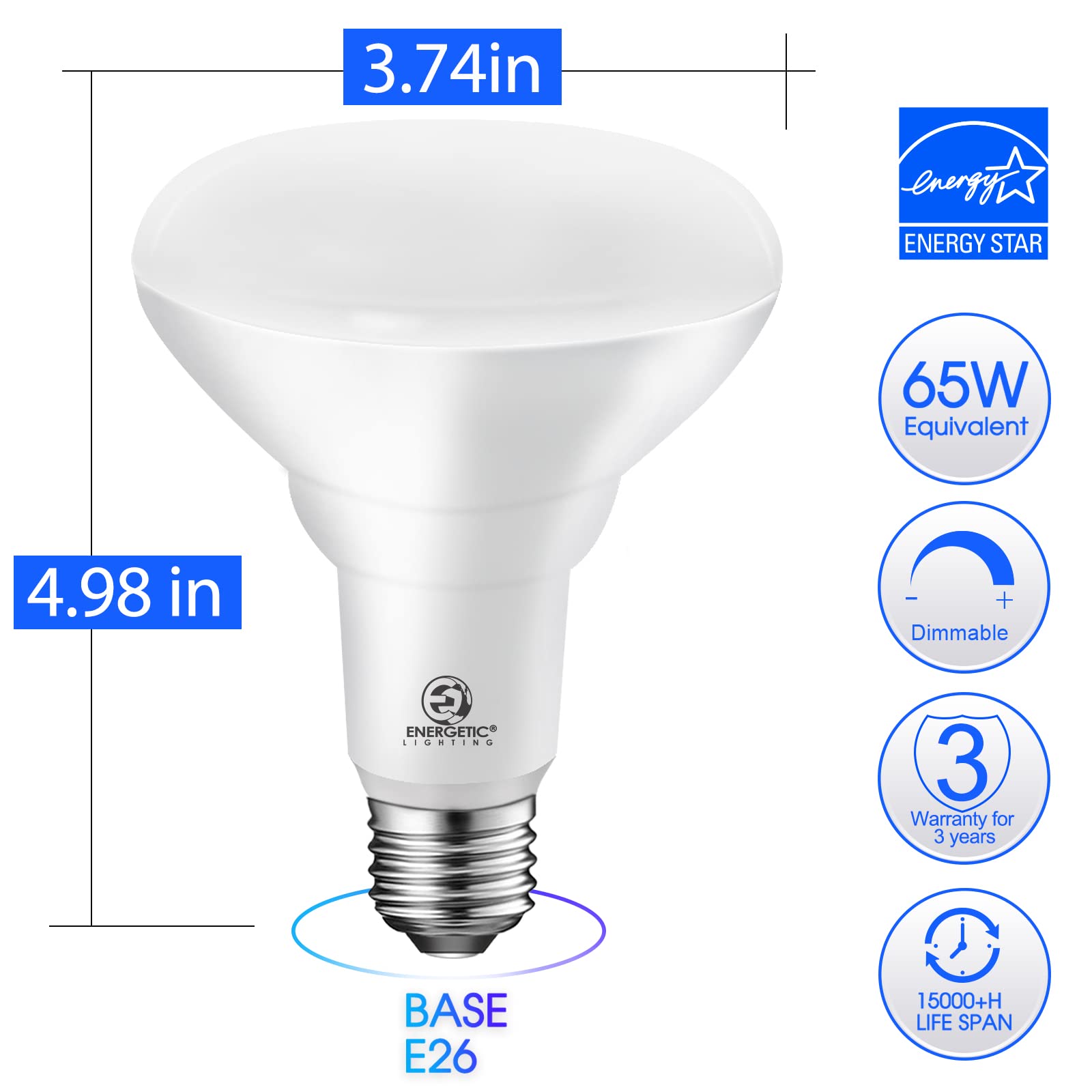 Energetic BR30 LED Flood Lights, 65W Dimmable, 750lm, Energy Star, 5000K Daylight, 6 Pack, UL Listed, CRI 90