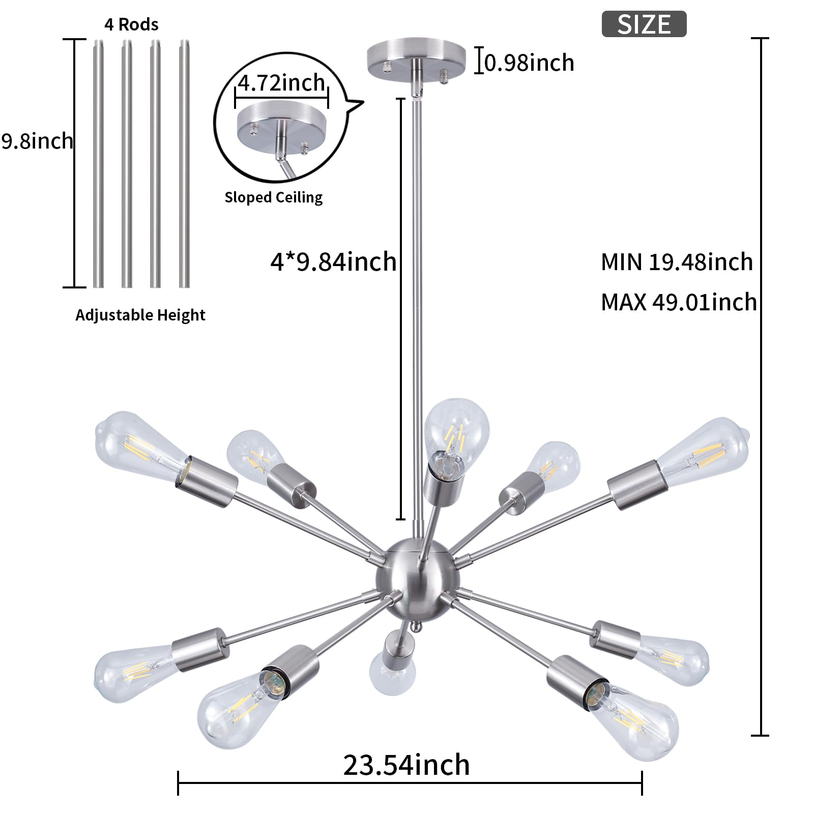 Mid Century Modern Sputnik Chandeliers,10 Lights Sputnik Ceiling Light Fixture Modern Brushed Nickel Chandeliers For Dining Room