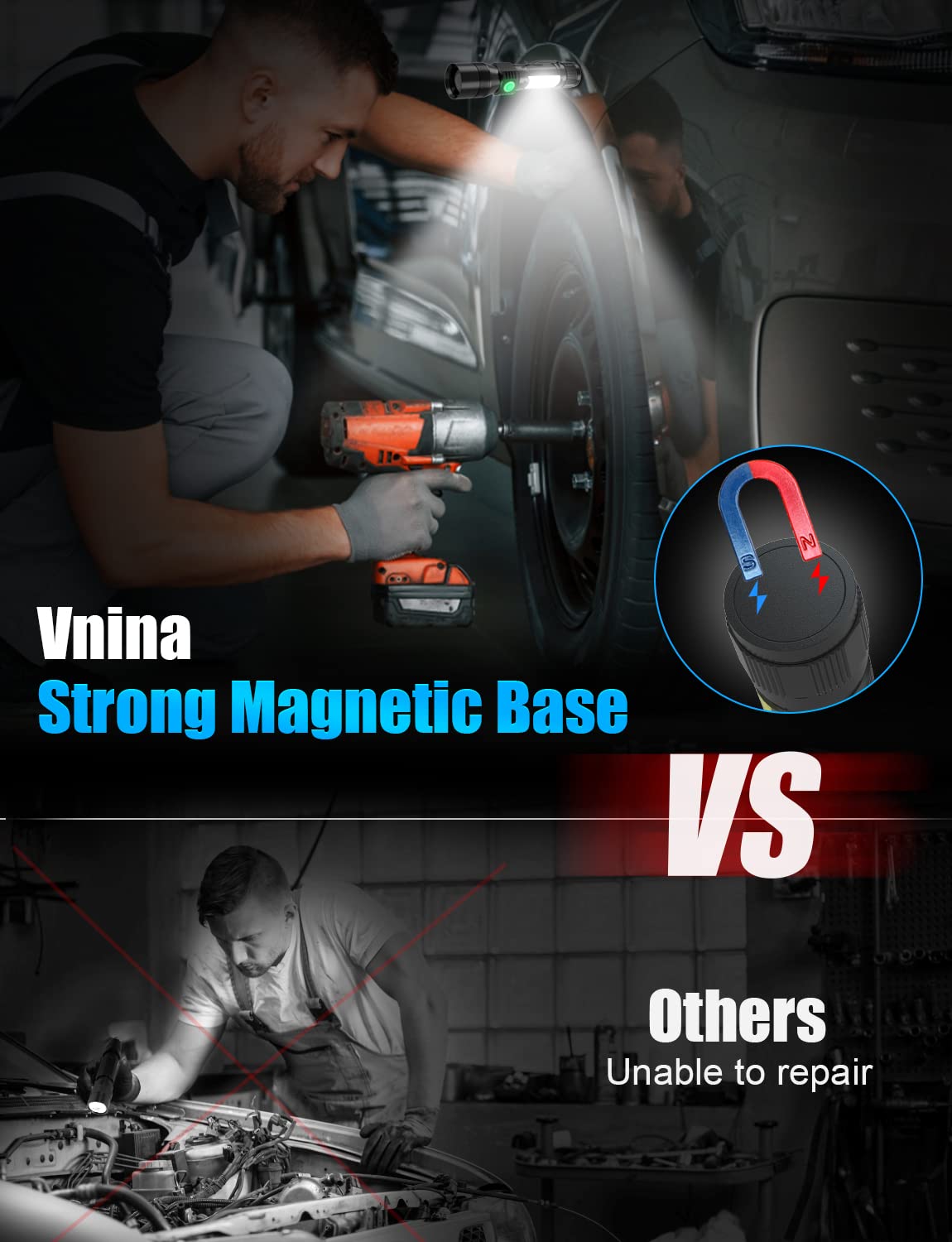 Vnina UV Rechargeable Tactical Flashlights, 1000 Lumens, 5.71" Blacklight, 2-Pack, Magnetic Base, Zoomable, Ideal for Camping & Stains Detection