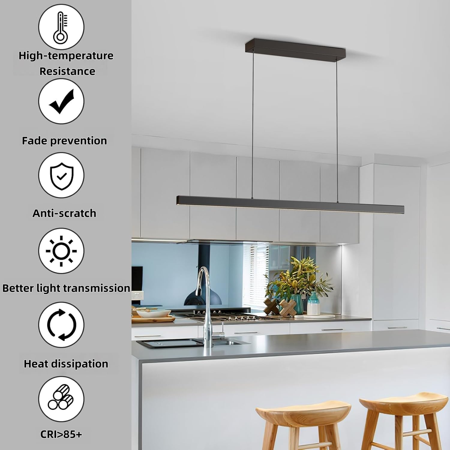 Zihoi Modern LED Black Linear Chandelier, 39in, Adjustable Color Temp 3000K-6000K, Remote Control, Ideal for Kitchen and Dining Room