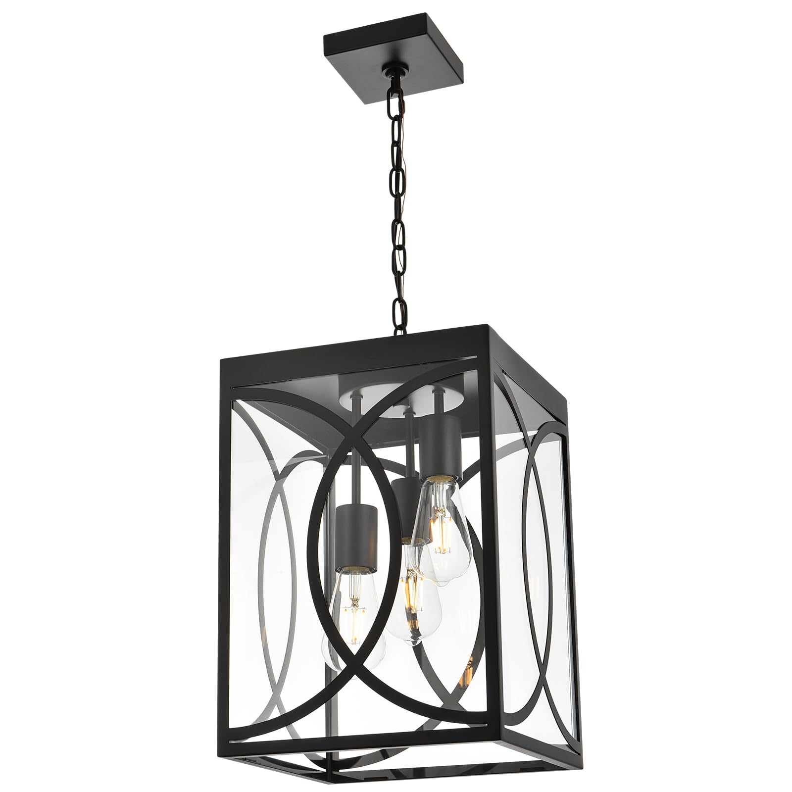 Winshen 3-Light Outdoor Pendant Light Fixture, Black Metal Chandelier With Clear Glass