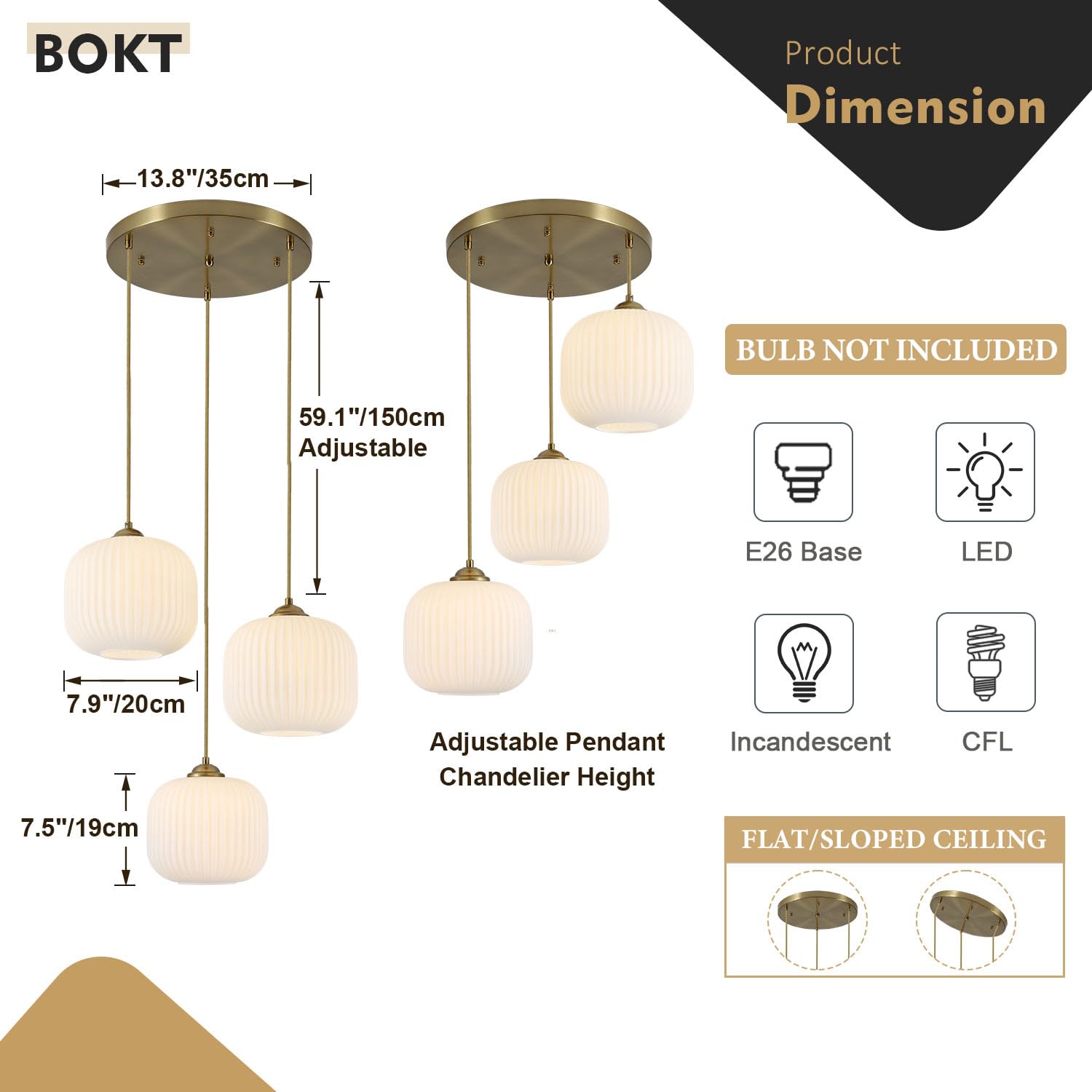 BOKT 3-Light Globe Pendant Light - Vintage Ribbed Glass Chandelier, Adjustable Height, Milk White Finish, Model BP1150-W