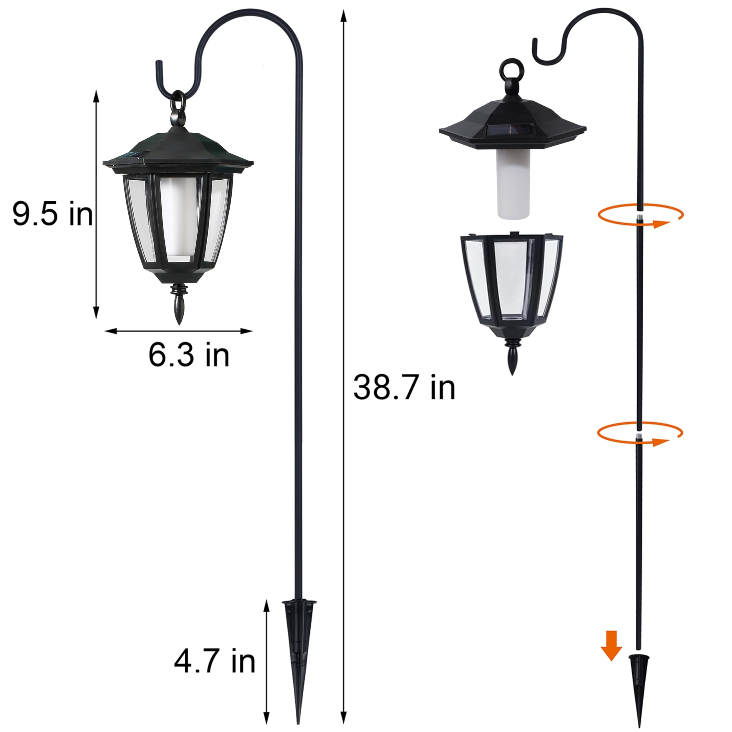Dynaming 6 Pack Solar Flame Hanging Lights Outdoor, Solar Flickering Flame Led Garden Lanterns With 6 X 38 Inch Shepherd Hooks,