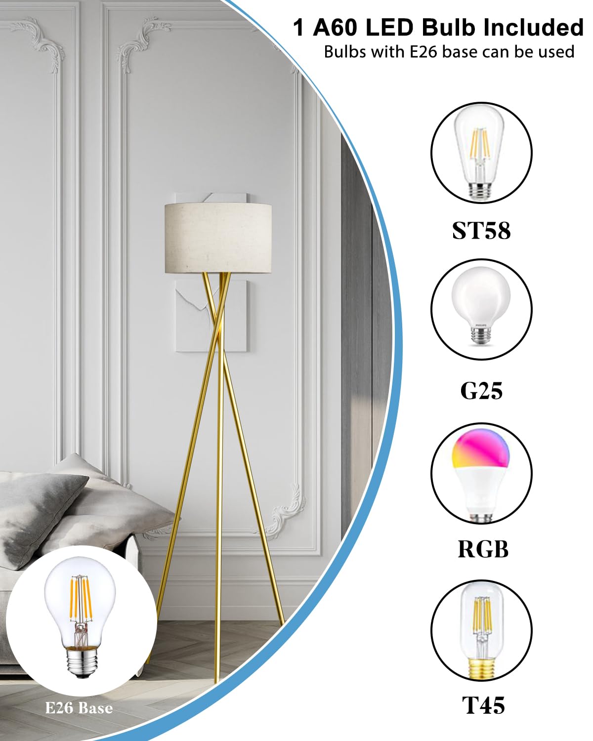 Lightdot Gold Tripod Floor Lamp, Modern Standing Lamp with Linen Shade, E26 Bulb Included, 66in Tall, Model YRFLL-E26XX-66