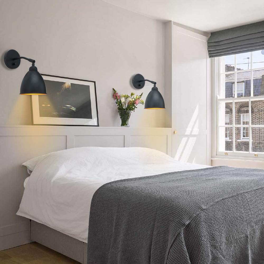 Yosoan Vintage Wall Sconce Bookcase Light, 1-Light Dimmable On Off Switch Hardwired Industrial Mount Metal Fixture Lighting Lamp With 6.1" Oval Black Metal Shade In-Build Gold Reading Light For Bed