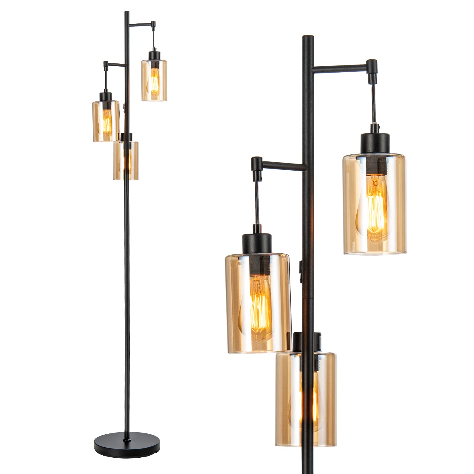 Tangkula 3 Lights Floor Lamp, Retro Floor Lamp with 3-Head Hanging Amber Glass Shade, Foot Switch, Metal Base, Industrial Standi