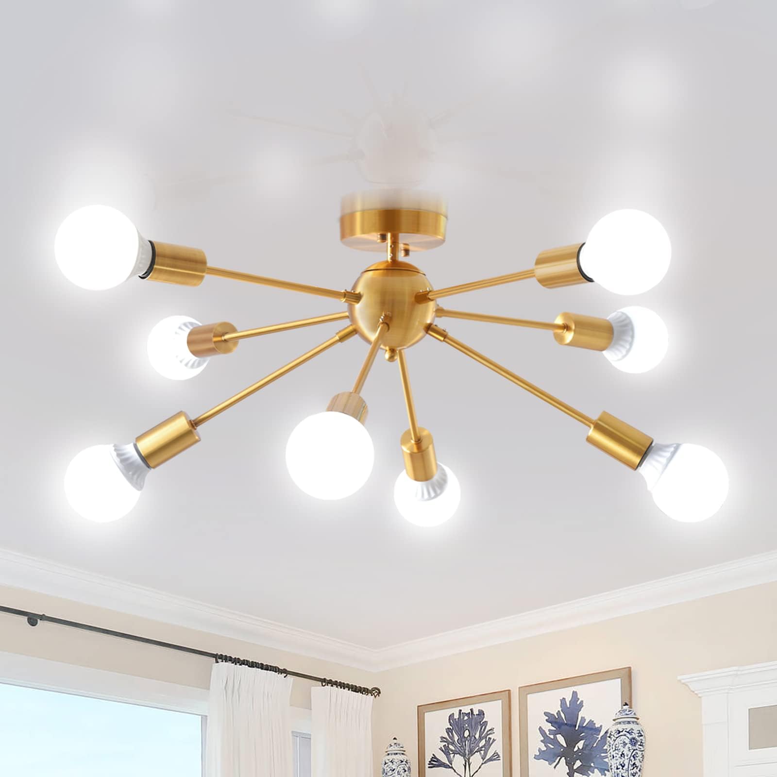 Kostomo 8 Light Sputnik Ceiling Light Brushed Gold Chandelier Brass Rustic Semi Flush Mount Ceiling Light Modern Kitchen Light Fixtures Chandeliers For Dining Room Bedroom Kitchen Ceiling Light