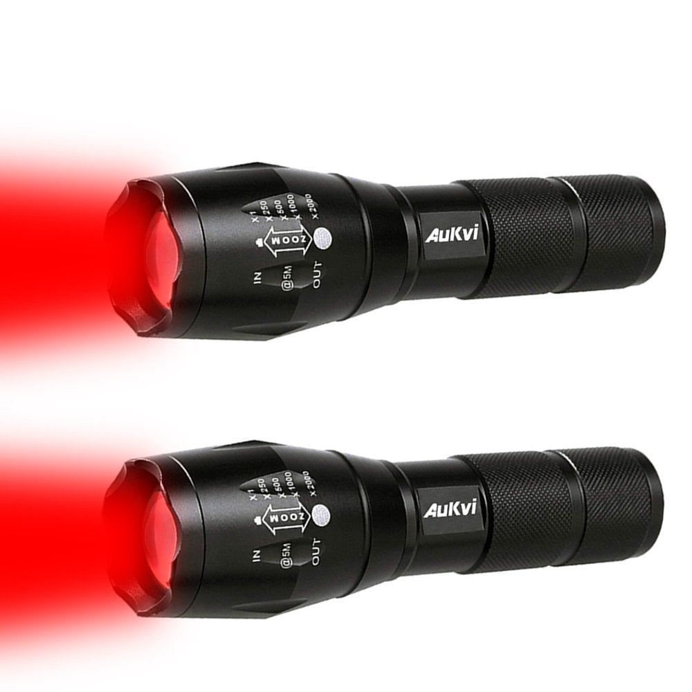 AuKvi 2 Pcs Powerful Red LED Flashlight Single Mode Long Range Red Hunting Light Torch Zoombale, Waterproof Red Torch Best for A
