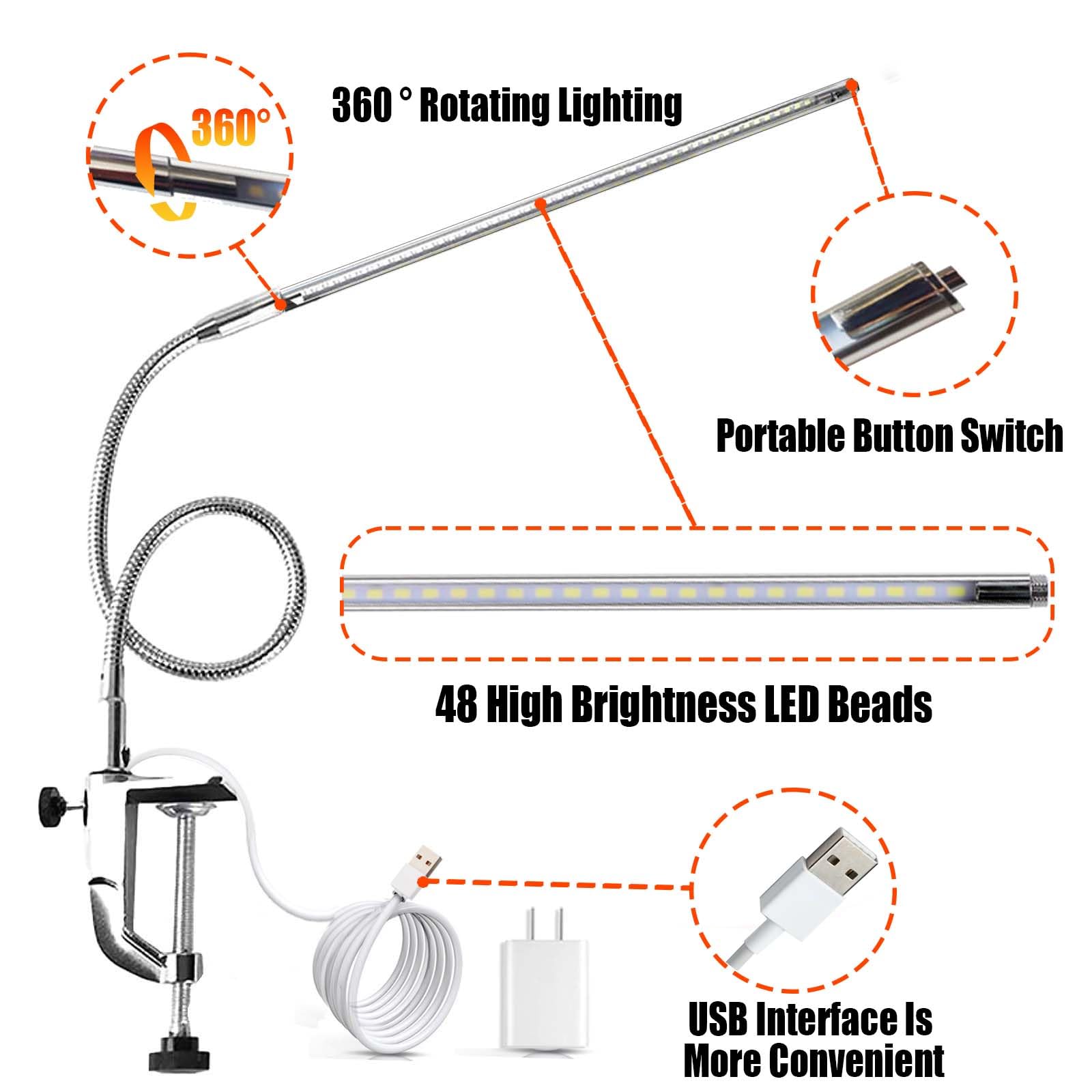Brokimis Usb Led Desk Lamp With Clamp, 8W Gooseneck Light For Reading, Manicure, Tattoo