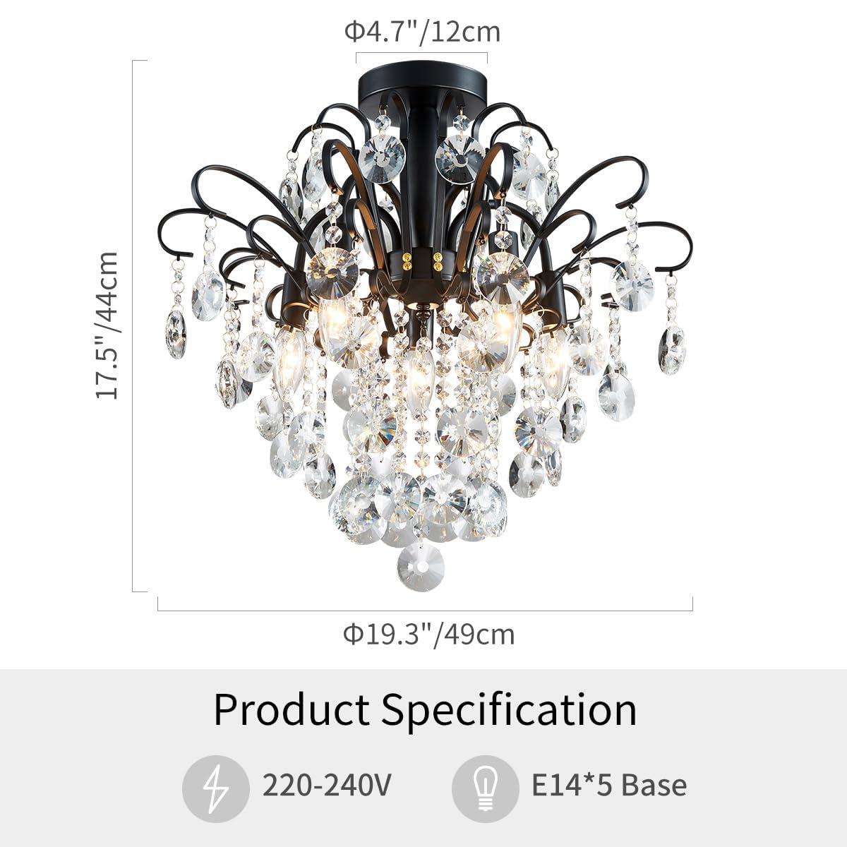 Wuzups Black Crystal Chandelier Flushmount Ceiling Light, 17.5''H X 19.3''W, E12